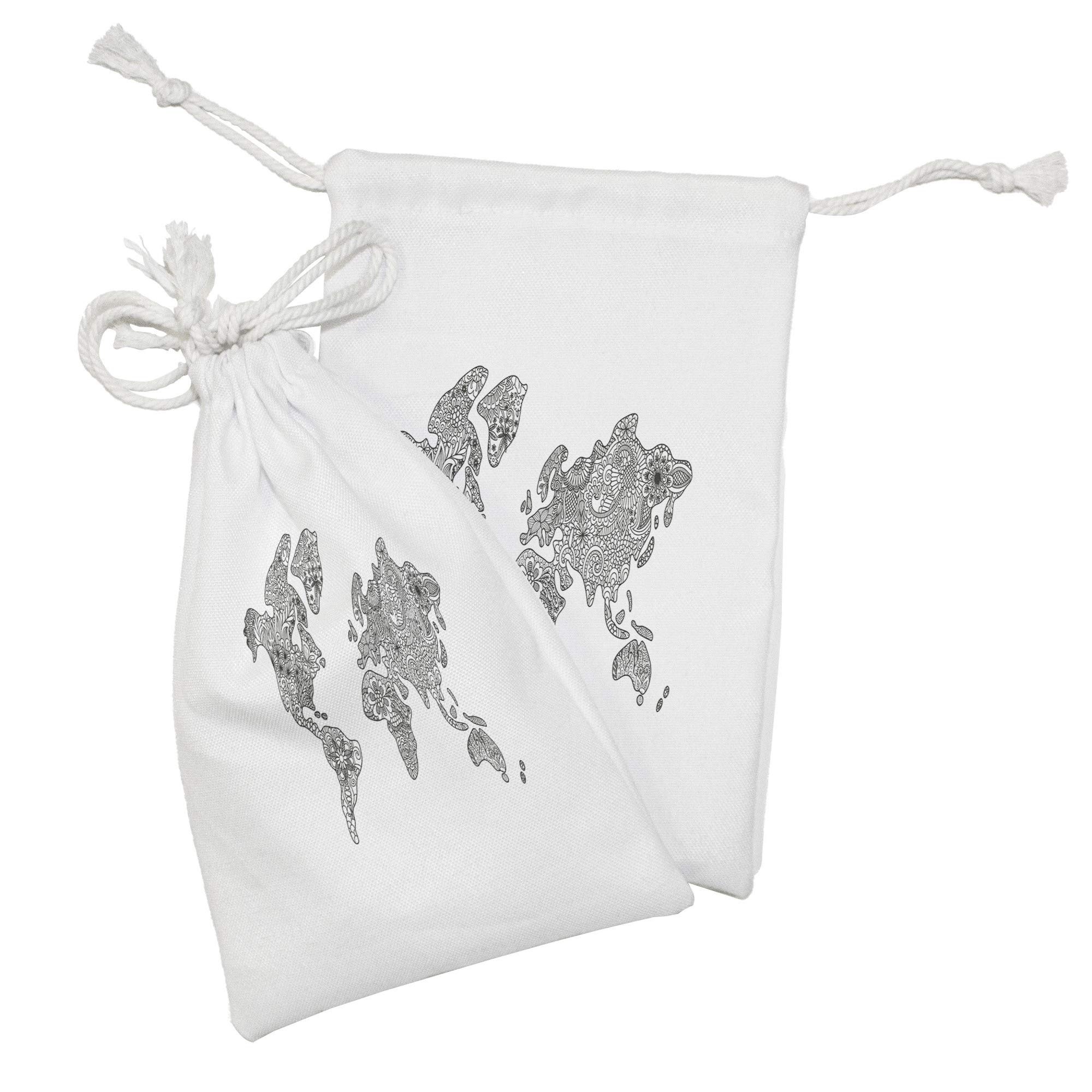 Ambesonne Floral World Map Fabric Pouch Set of 2 - Monochrome Floral Continents Design Small Drawstring Bag (9
