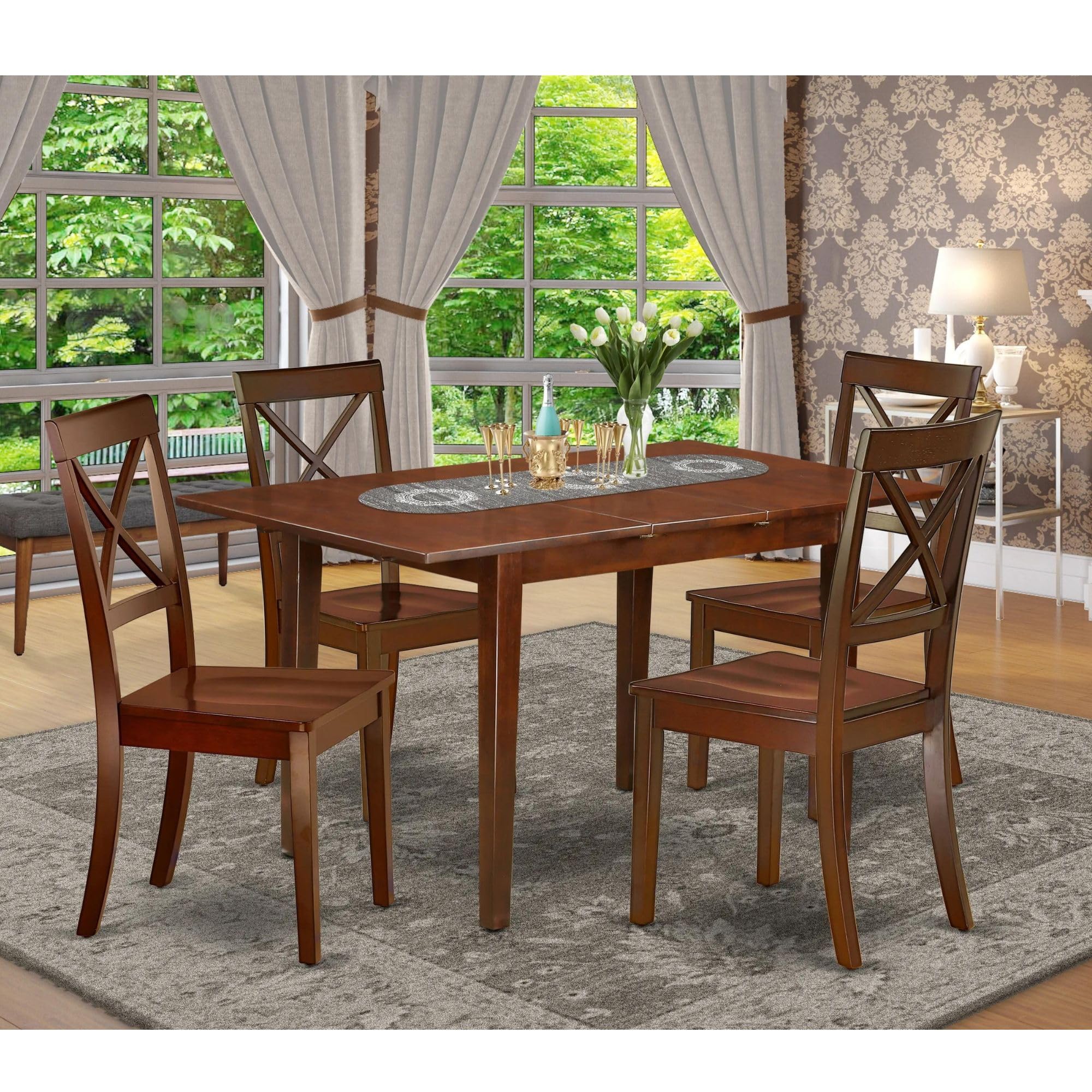 East West Furniture NOBO5-MAH-W 5-Piece Mahogany Dining Set with Butterfly Leaf Table & 4 Chairs - 32x54 Inch Rectangular Kitchen Table for Small Spaces - Perfect for Breakfast Nook, Apartment Dining or Cozy Family Meals