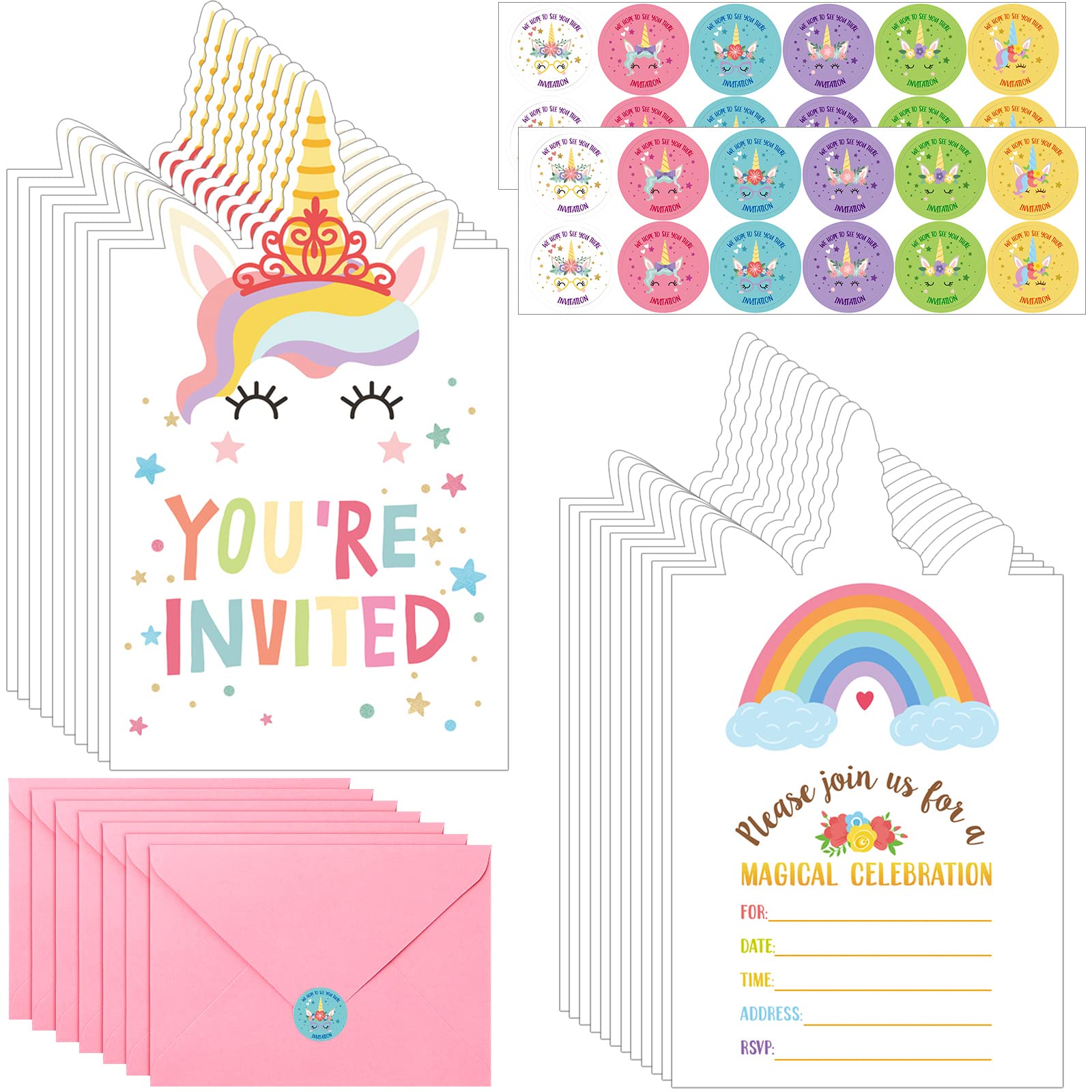 24 Sets Mermaid Birthday Invitations with Envelopes & Stickers - Unicorn Butterfly Rainbow Teapot Elephant Themed Party Supplies for Kids Birthday, Baby Shower, Pool Party - Perfect for Mermaid Themed Decorations & Underwater Fantasy Celebrations