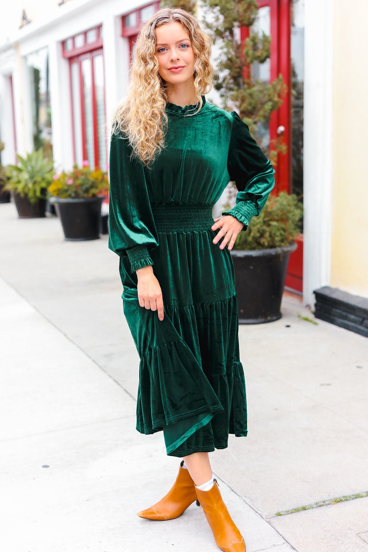 Holiday Dreaming Hunter Green Velvet Mock Neck Smocked Waist Dress for Women - Elegant Holiday Party & Christmas Dinner Outfit