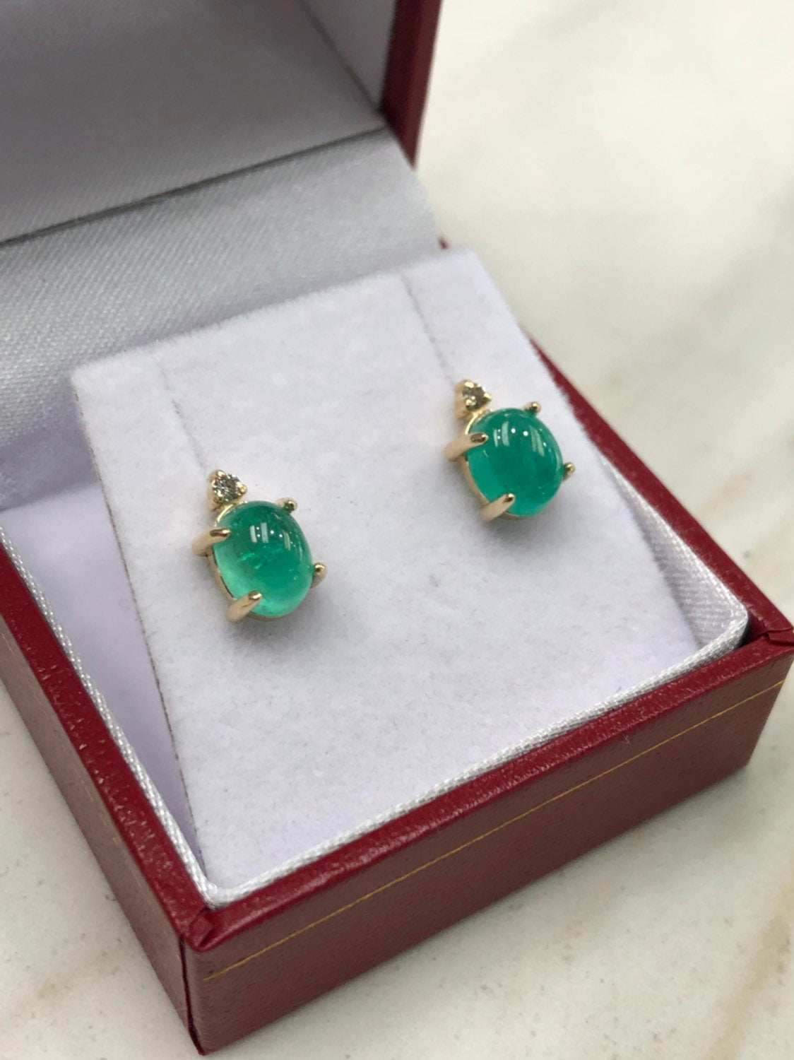 3.10tcw Cabochon Emerald & Diamond Stud Earrings in 14K Gold - Elegant Jewelry for Women, Perfect for Weddings, Parties & Special Occasions