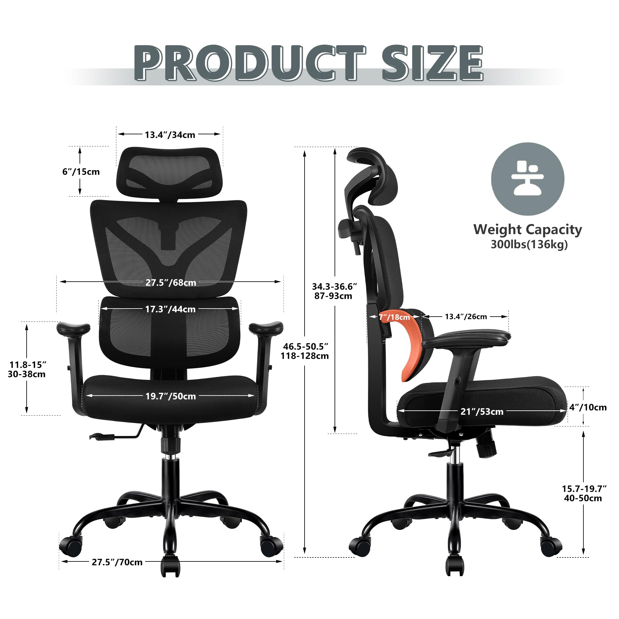 Ergonomic High Back Office Desk Chair - Reclining Gaming Chair with Breathable Mesh, Adjustable Lumbar Support & Armrests for Big and Tall Users (Orange) - Perfect for Home Office, Gaming & Workspaces