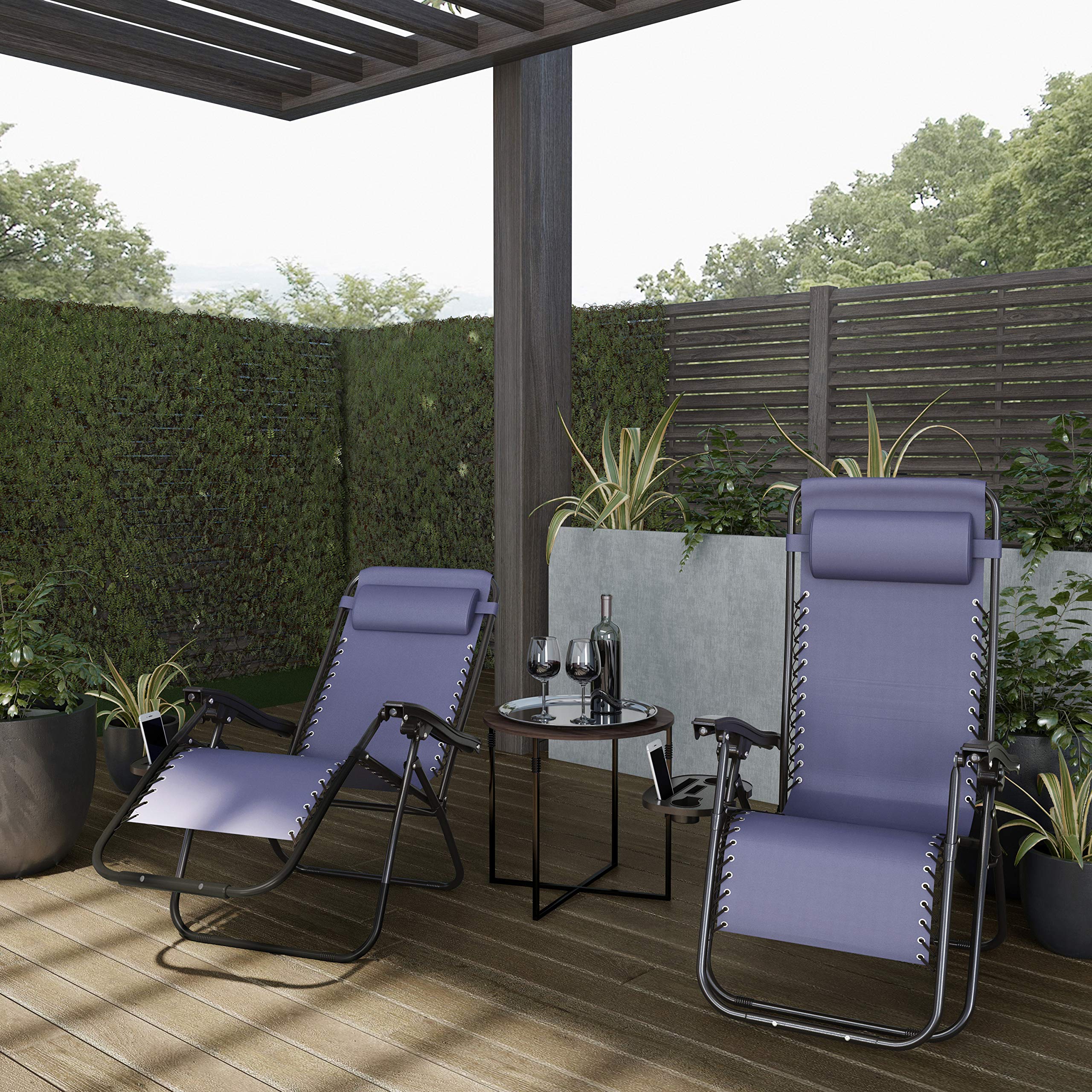 **Lavish Home Zero Gravity Recliner Chairs - Set of 2 Outdoor Lounge Chairs with Side Tables, 2 Cup Holders, Phone & Tablet Holder, Pillow Included (Navy) - Perfect for Patio, Poolside, Camping & Backyard Relaxation**