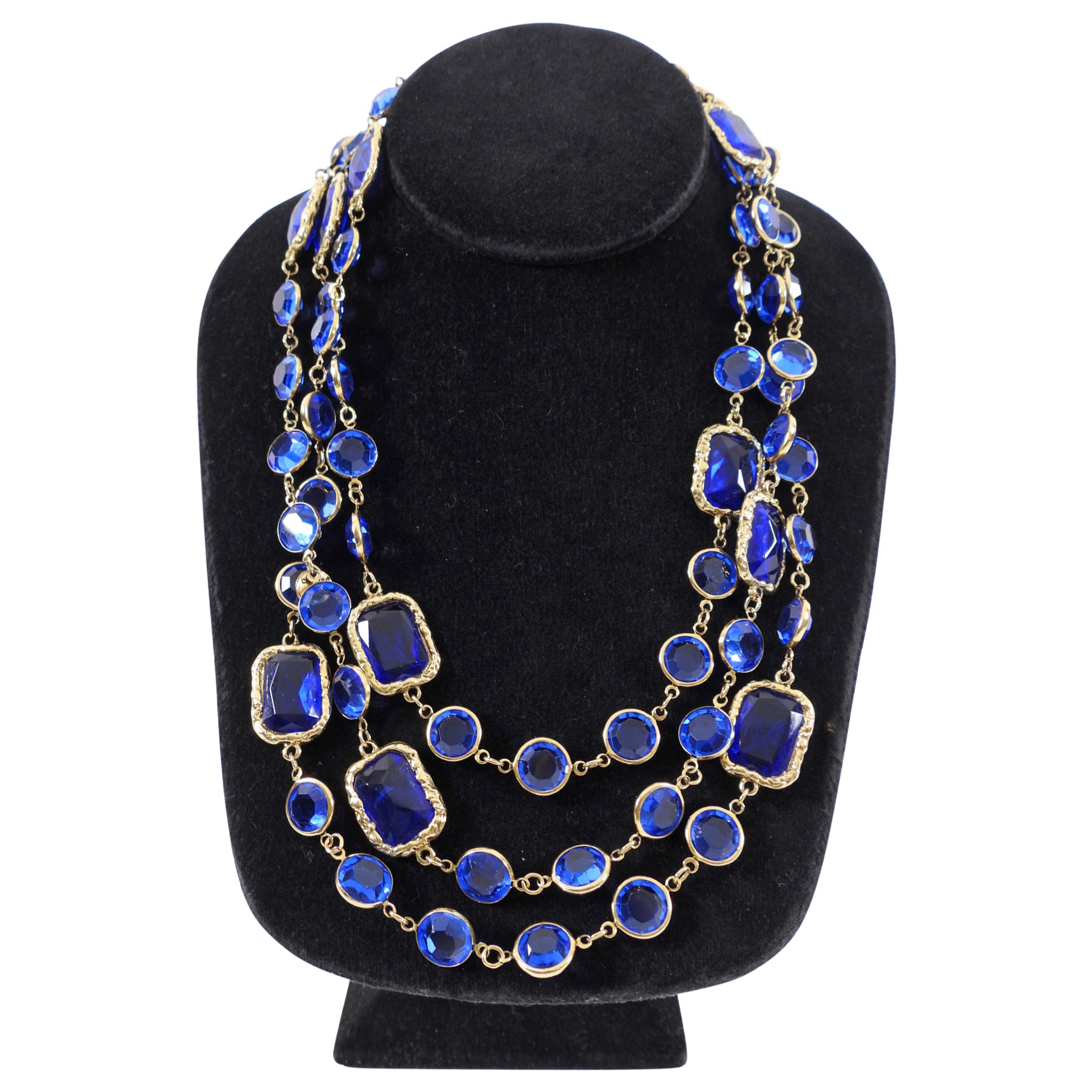 Vintage Chanel 1981 Blue Gripoix Glass Chicklet Sautoir Necklace - Elegant Statement Jewelry for Women, Perfect for Parties, Weddings & Special Occasions