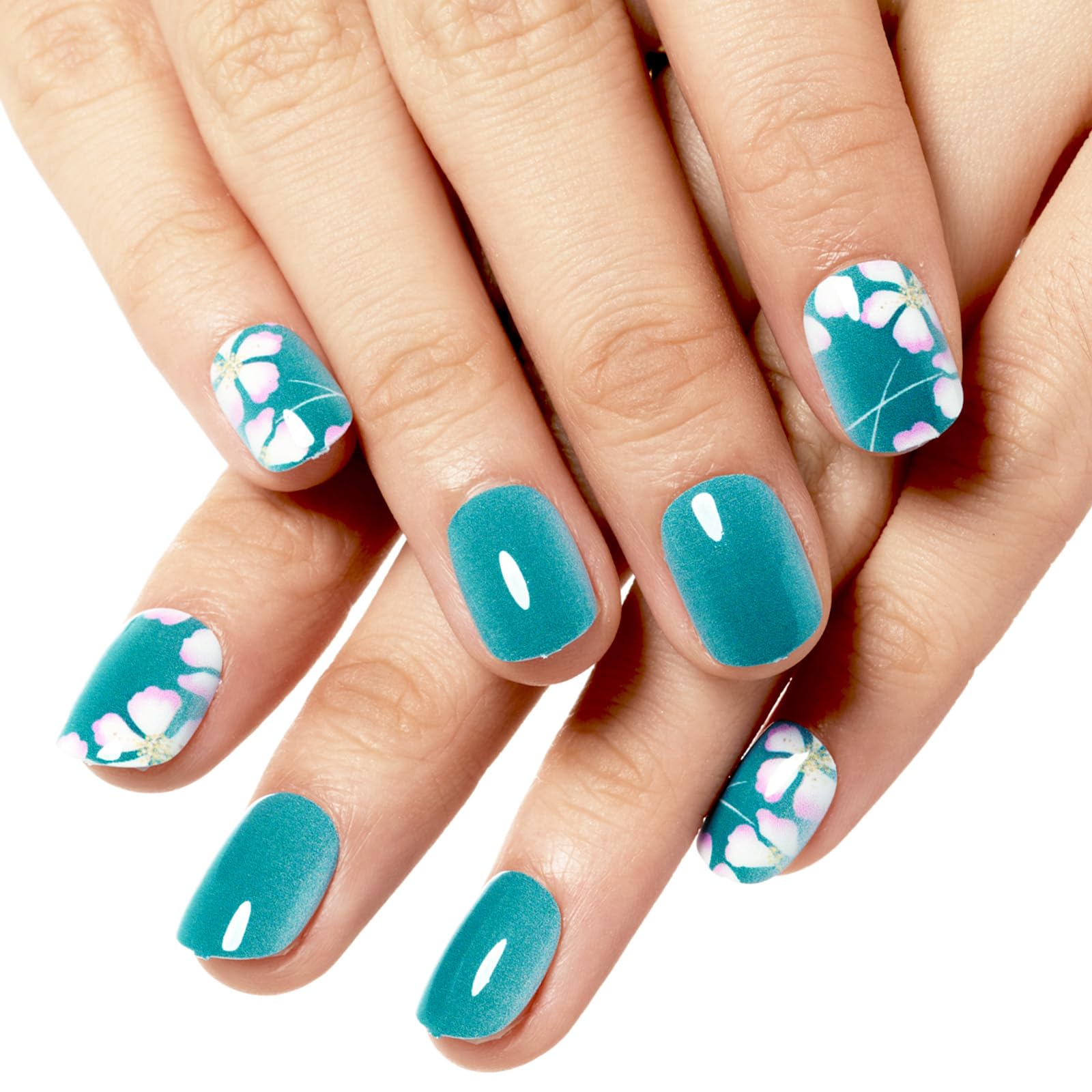 GLAMERMAID 24Pcs Short Squoval Press on Nails - Spring Peacock Blue Floral Design with Blossom Gel Glue | Reusable UV Glossy Acrylic Fake Nails for Women | Perfect for Parties, Weddings & Everyday Manicure