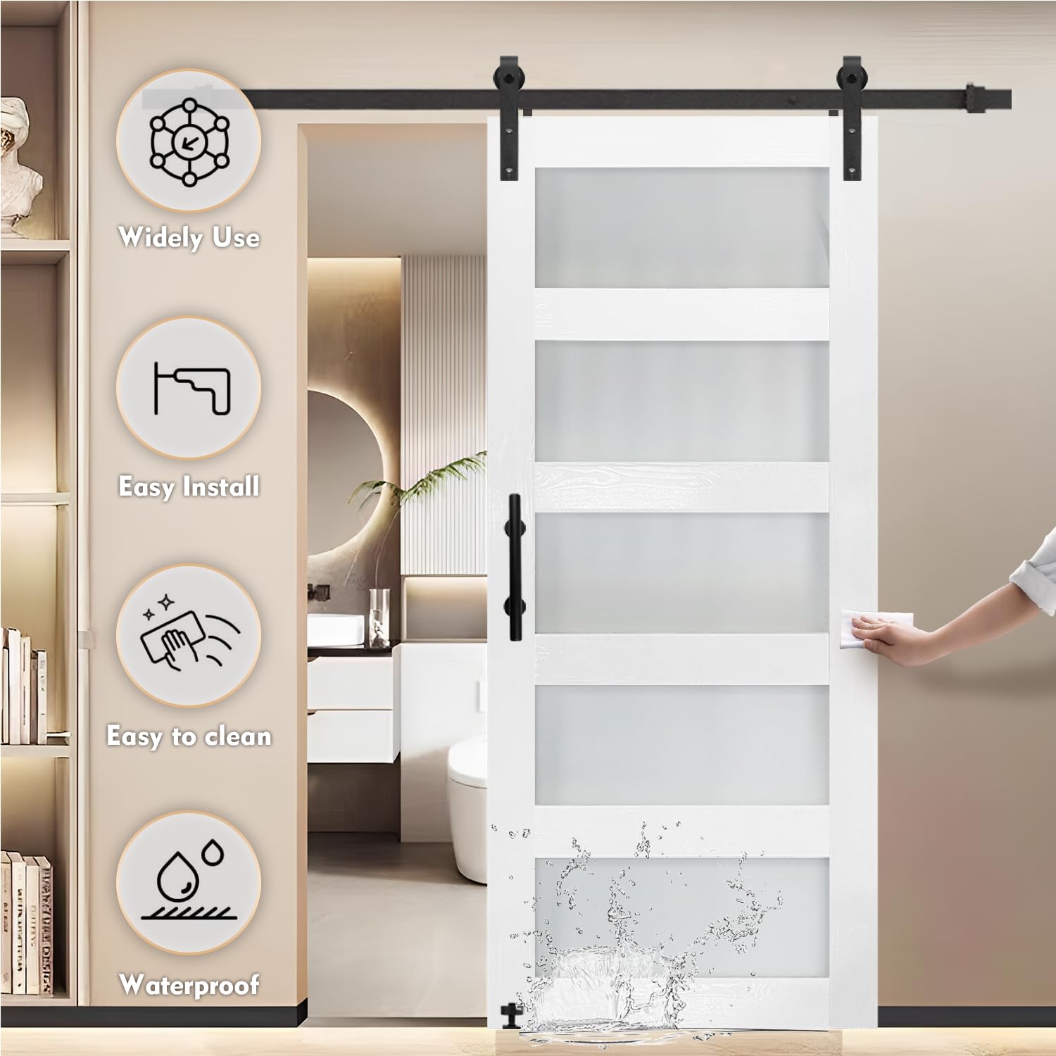 S&Z TOPHAND® 30x80 Inch Frosted Glass Sliding Barn Door with Hardware Kit - 5 Tempered Glass Panels, Waterproof PVC Surface, Easy DIY Installation for Bedroom, Closet or Room Divider
