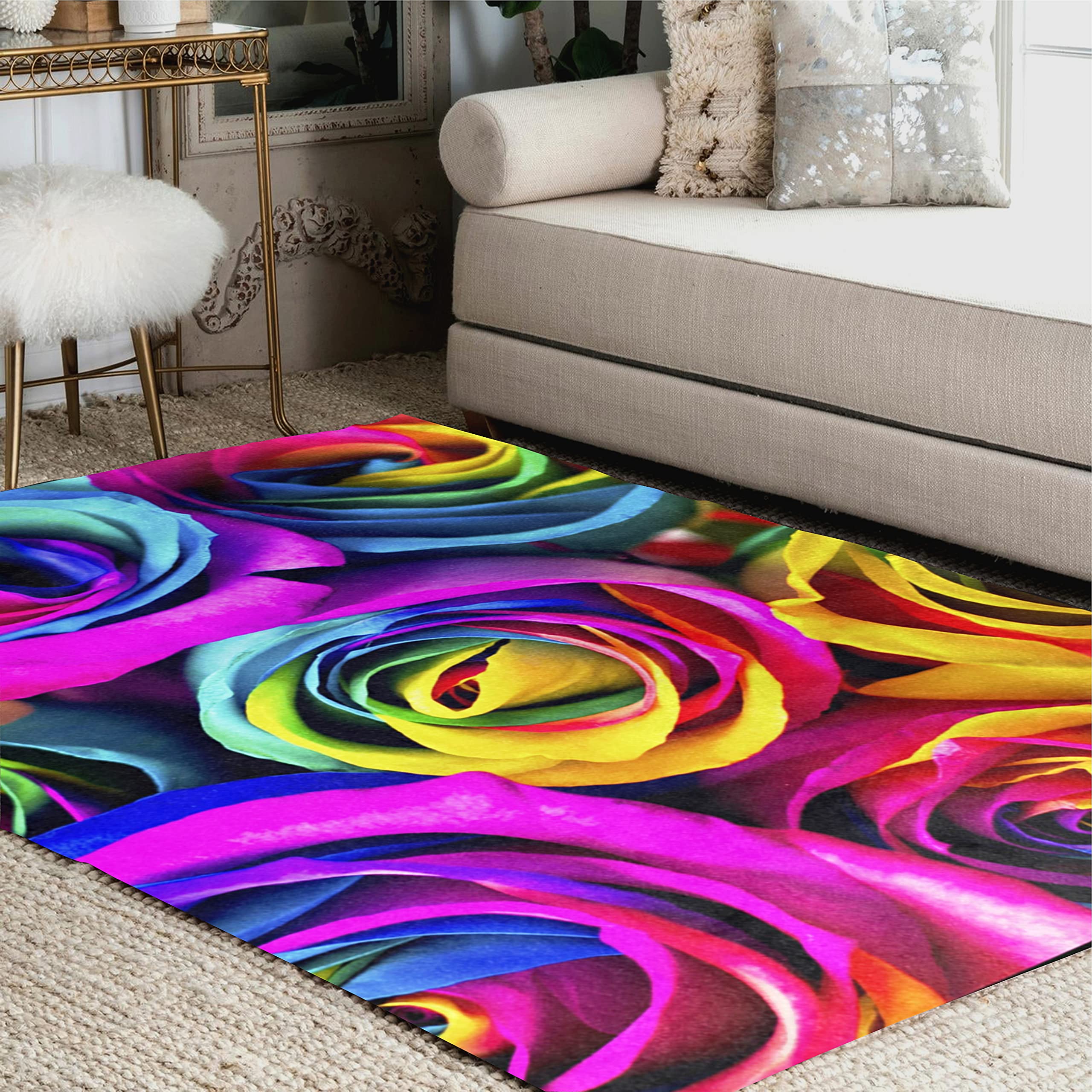 ALAZA 7' x 5' Rainbow Rose Flower Watercolor Area Rug - Soft Non-Slip Living Room & Bedroom Carpet - Perfect for Boho Home Decor, Nursery & Dorm Room