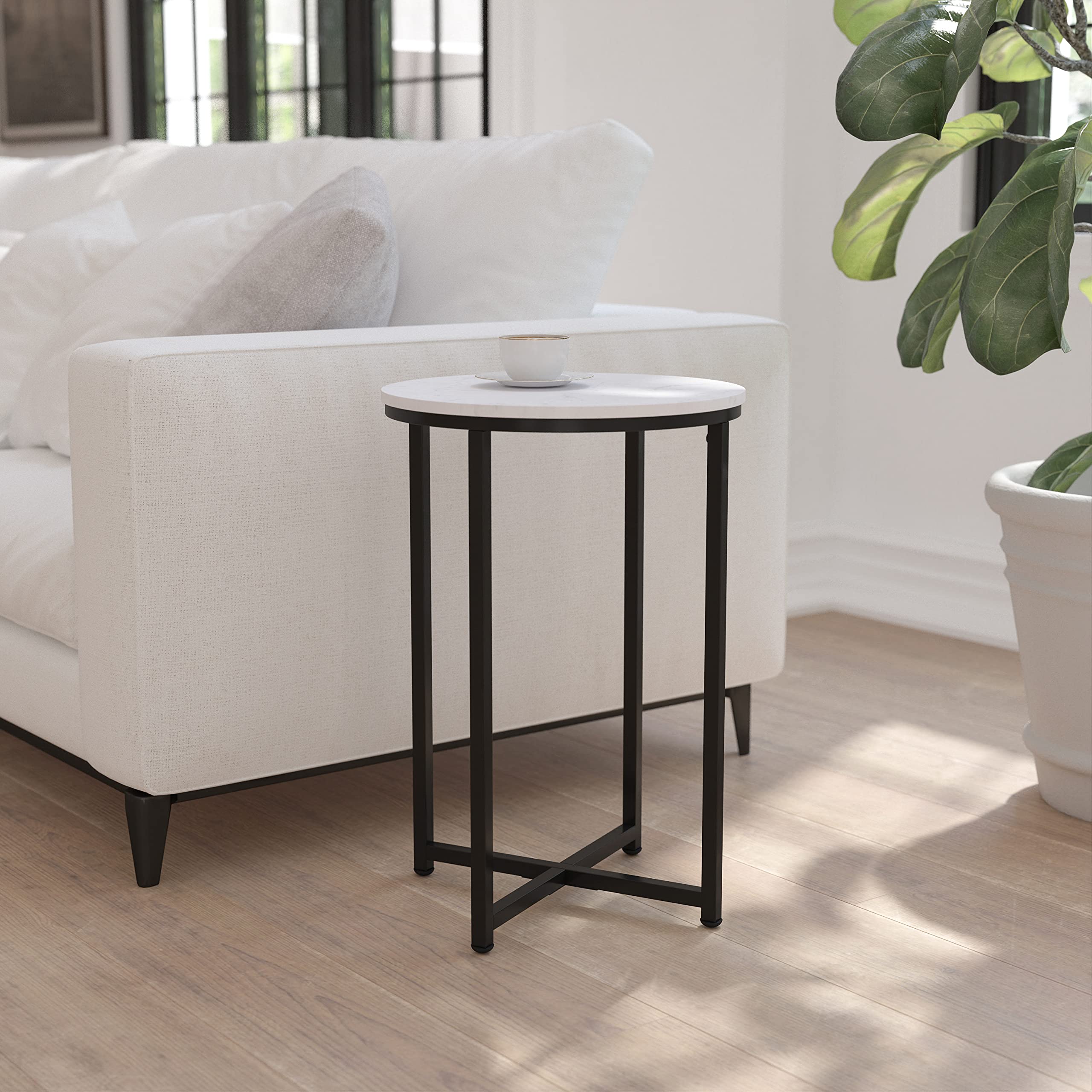 EMMA OLIVER White Marble Coffee Table with Black Metal Frame for Living Room Decor