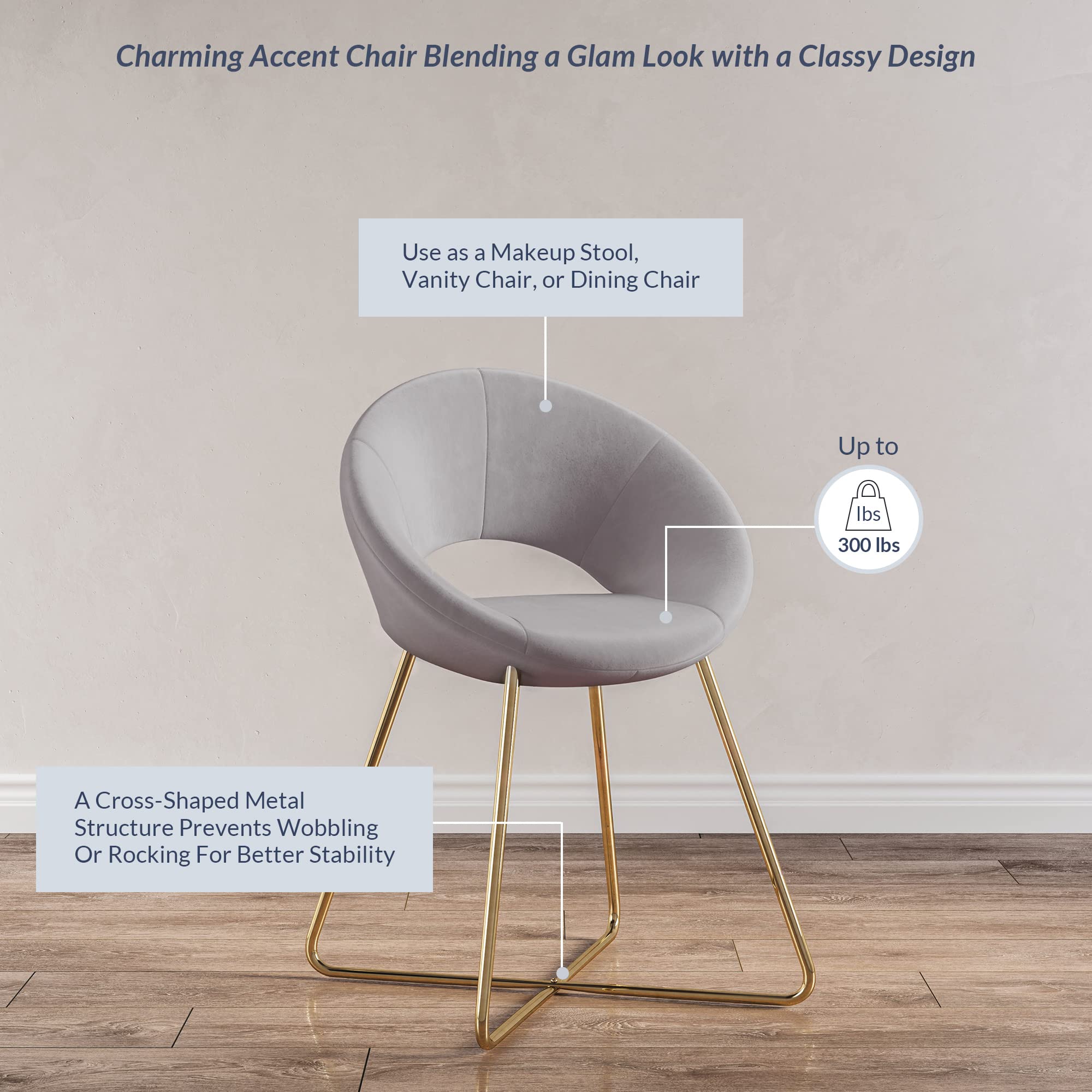 BELLEZE 2-Piece Velvet Modern Accent Chair Set - Upholstered Makeup Vanity Chair & Living Room Armchair with Golden Metal Legs, Comfy Dining & Leisure Seating - Ezra (Grey) | Perfect for Bedroom Dressing Tables, Living Room Decor & Dining Areas