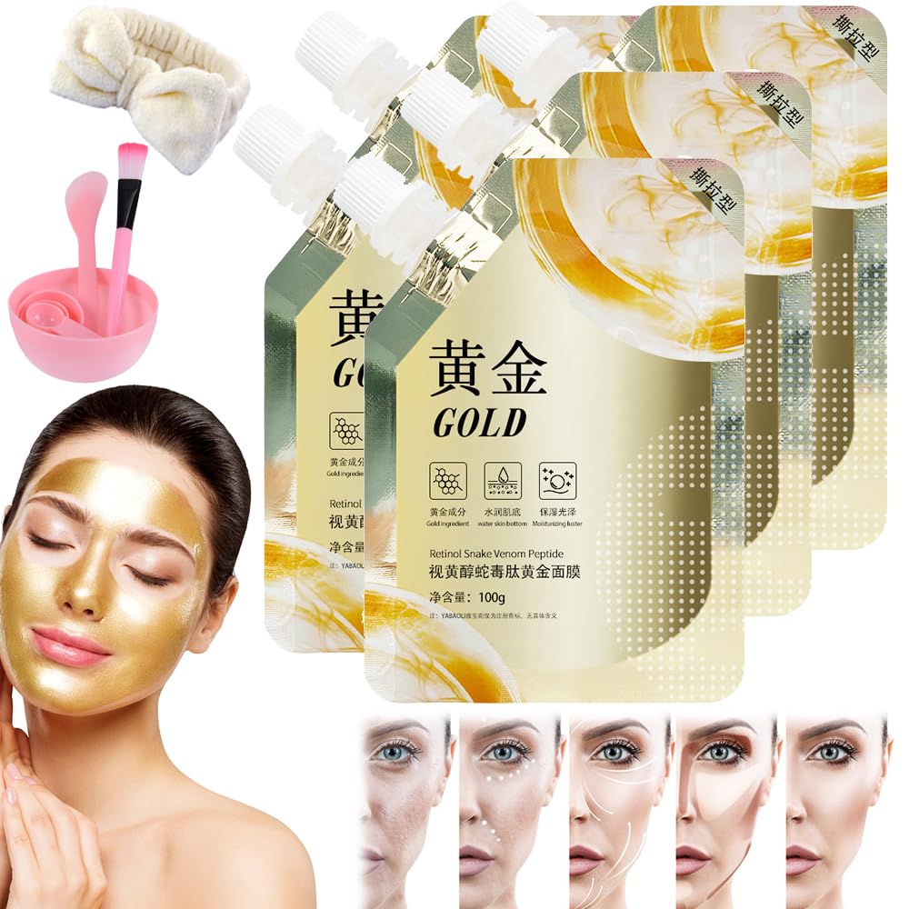 24K Gold Peel Off Face Mask with Retinol & Snake Venom - Anti-Aging, Deep Moisturizing Treatment for Glowing Skin (5 Pack) - Perfect for Spa Nights & Skincare Routines