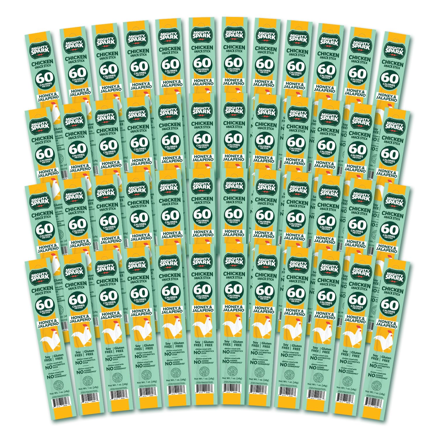 Mighty Spark Chicken Snack Sticks - Honey Jalapeno Flavor | 6g Protein, Antibiotic & Hormone Free, Gluten & Soy Free | High Protein Keto Snacks, Weight Watchers Approved | Perfect for On-the-Go, Lunch Boxes & Low-Carb Diets | Pack of 48
