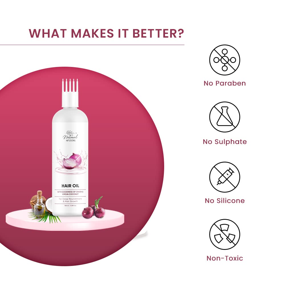 Organic Onion & Virgin Coconut Hair Oil for Silky Strong Hair Growth | Reduces Hair Fall with Comb Applicator | 100ml Bottle | Perfect for Daily Hair Care & Scalp Massage at Home