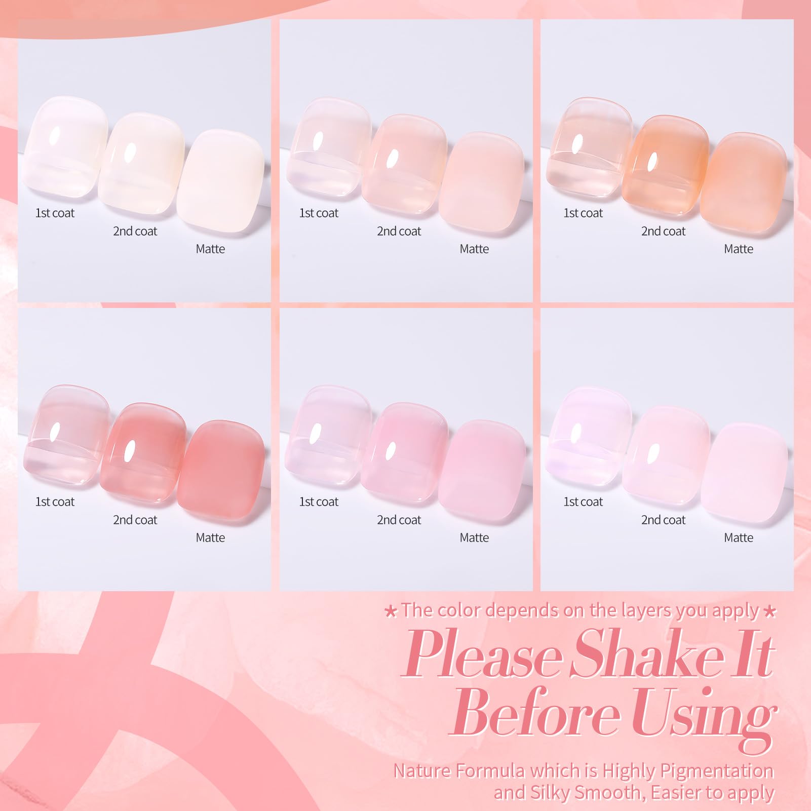Born Pretty Jelly Pink Gel Nail Polish Set - 6PCS Milky Natural Nude Sheer Translucent Gel Polish Kit for DIY Nail Art & Home Manicure | Perfect for Everyday Wear, Bridal Nails & Salon-Quality Results at Home