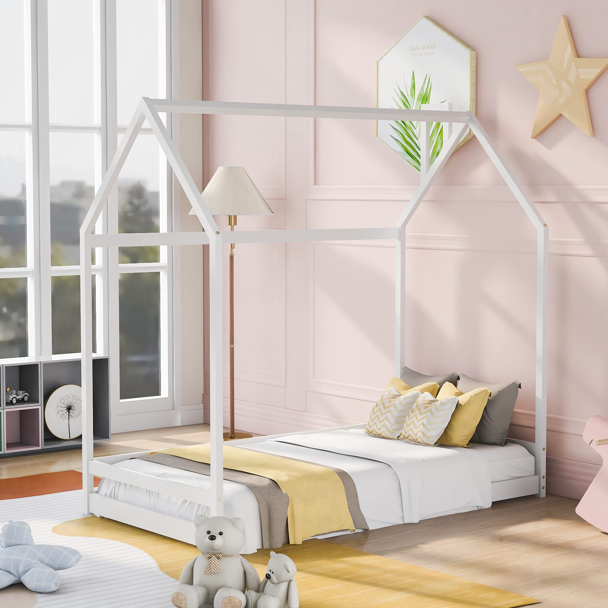 Harper & Bright Designs Wooden Twin Size House Bed for Kids & Teens - Cabin Style with Wood Roof, Floor Bed for Boys & Girls (White) - Perfect for Bedrooms, Playrooms & Montessori Spaces