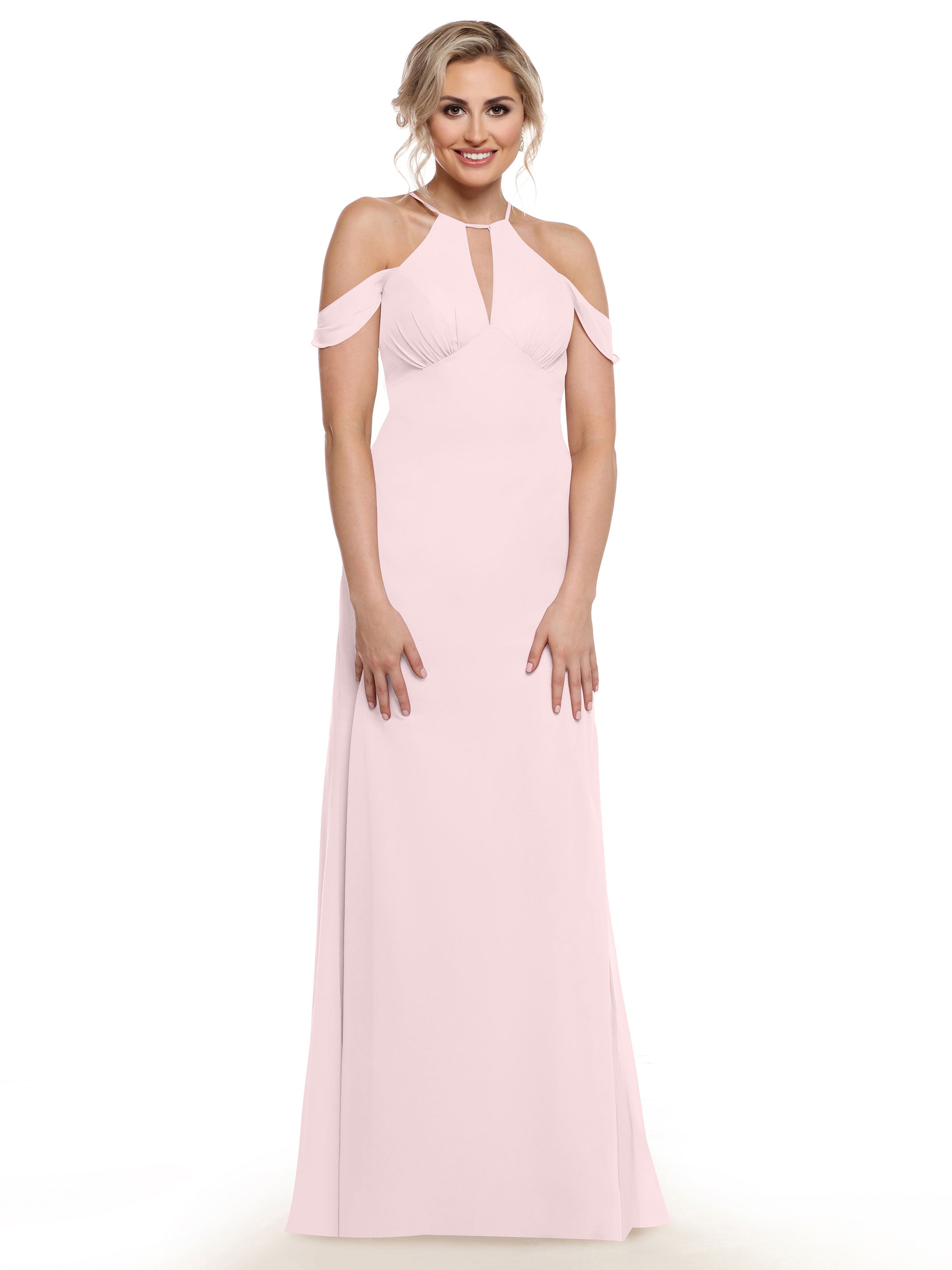 Elegant Off-The-Shoulder Chiffon Bridesmaid Dress with Halter Neckline - Perfect for Weddings, Formal Events & Special Occasions