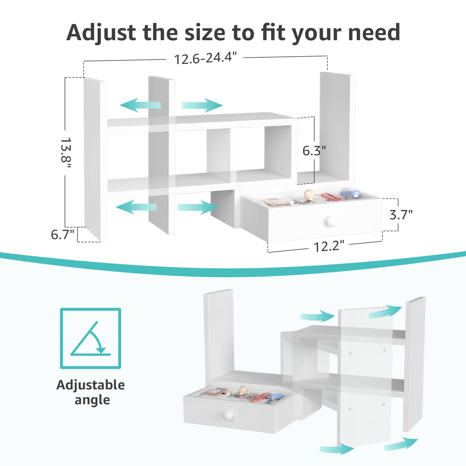 White Desk Organizer Shelf with Drawers - Stylish Desktop Bookshelf for Office & Home, Perfect for Women's Workspace Decor & Small Hutch Storage