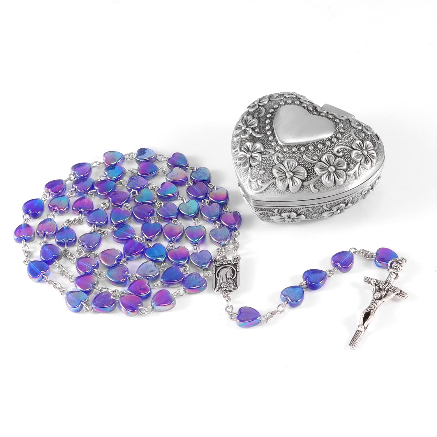 Blue Crystal Heart Rosary Beads Necklace for Women & Girls - Catholic Anglican Prayer Beads with Vintage Heart Jewelry Box - Perfect Christian Gift for Baptism, First Communion & Daily Devotion