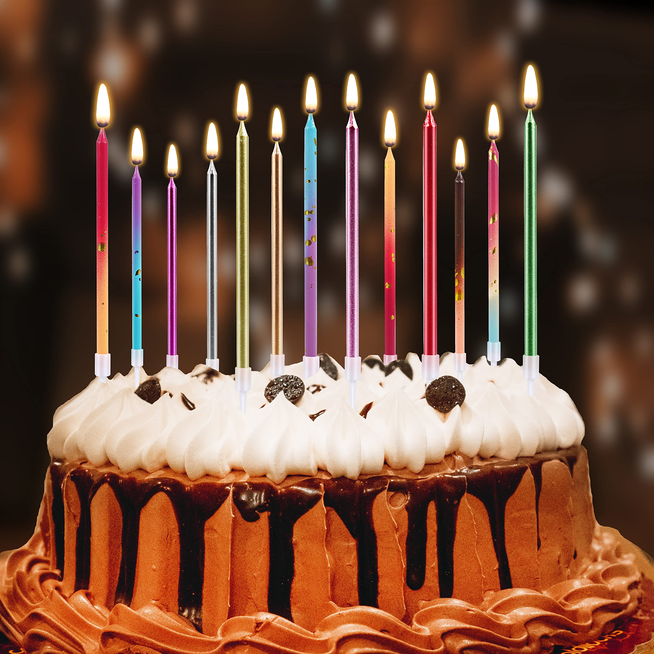 24-Pack Metallic Pink Birthday Cake Candles with Holders - Long Thin Cupcake Candles for Wedding, Party & Birthday Decorations - Perfect for Cake Toppers, Dessert Displays & Celebration Centerpieces