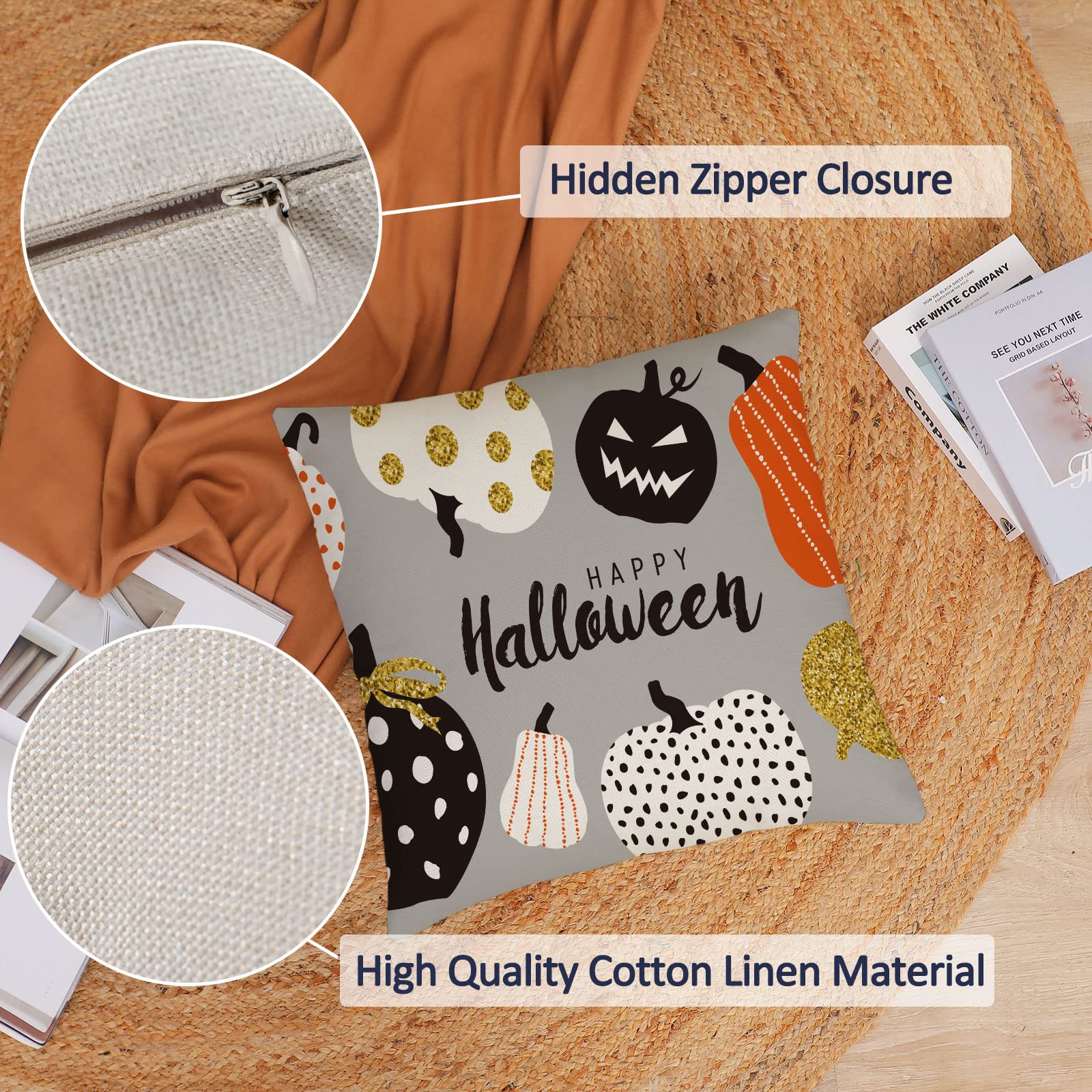 Spooky Halloween Throw Pillow Covers Set of 4 - 20x20 Inch Decorative Fall Pillowcases with Scary Pumpkin & Bat Designs for Sofa, Couch, Bed - Perfect for Indoor & Outdoor Halloween Decorations, Party, Haunted House Theme