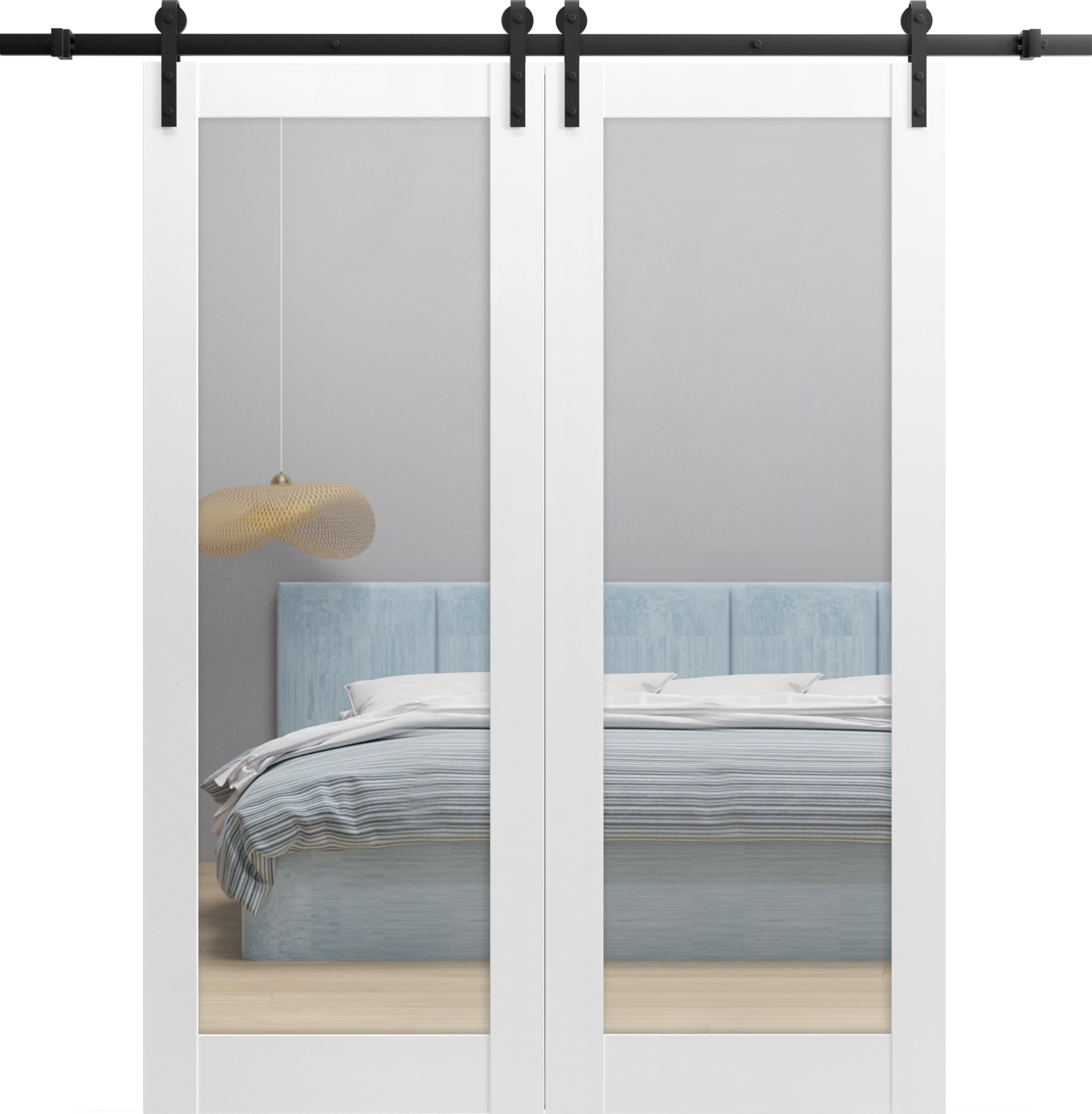 Sturdy 64 x 80 Inch Double Barn Door with Mirror - Lucia 1299 White Silk Finish | 13FT Heavy Duty Rail Hangers | Solid Panel Interior Doors for Bedroom, Living Room & Farmhouse Style Homes