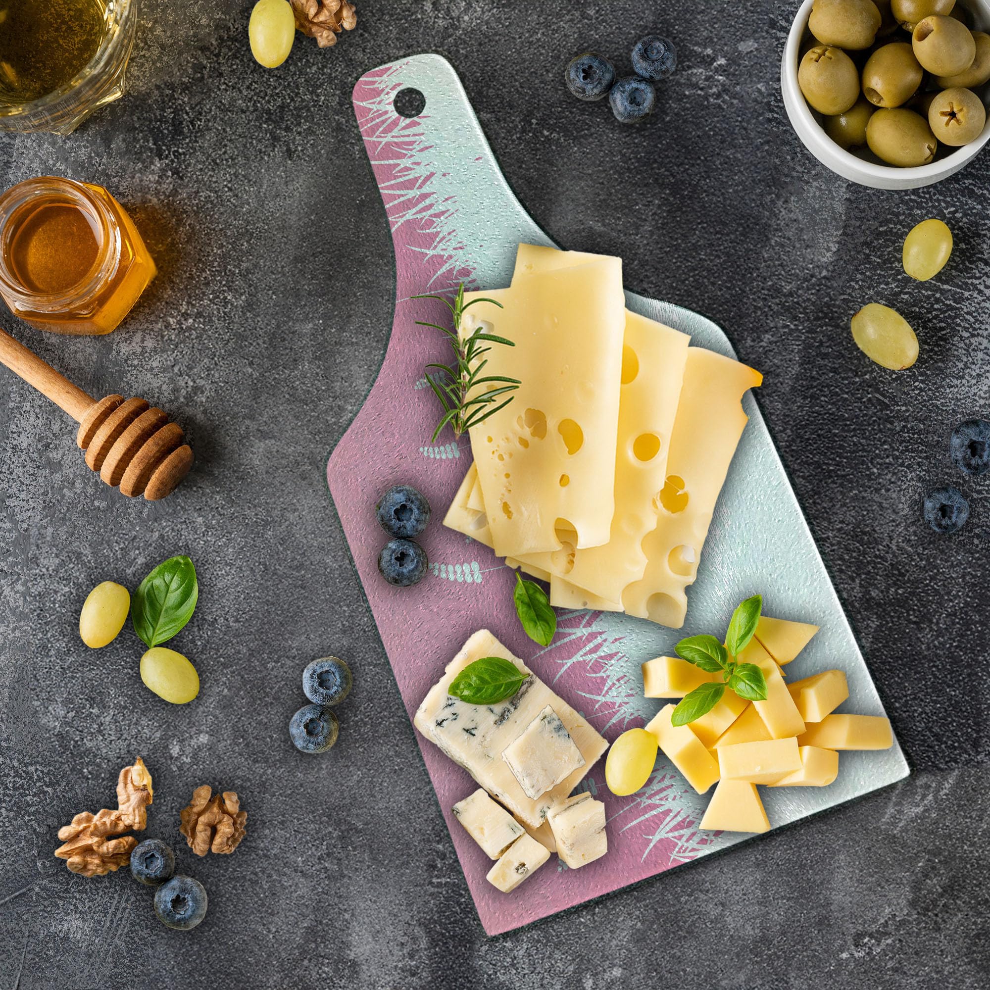 Ambesonne Pink Tempered Glass Cutting Board - Farm Life Inspired Art Print with Bushes & Wheat - Decorative Serving Board in Wine Bottle Shape (Hot Pink & White) - Perfect for Kitchen Prep, Charcuterie Displays & Wine Pairings