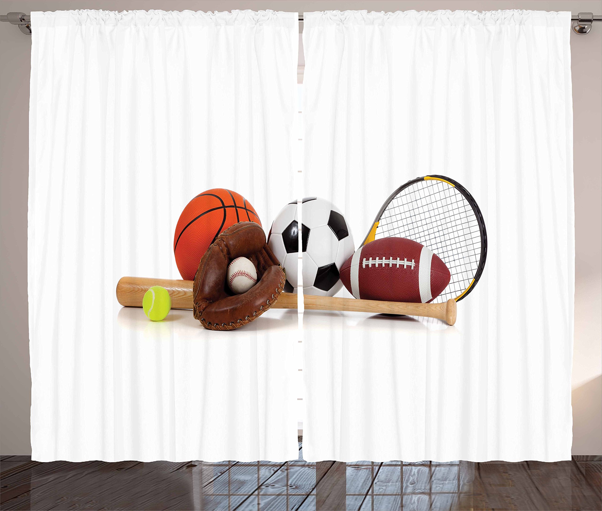 Ambesonne Sports Theme Curtains for Kids - Baseball, Tennis, Basketball Equipment Print on White Background - 2 Panel Set 108