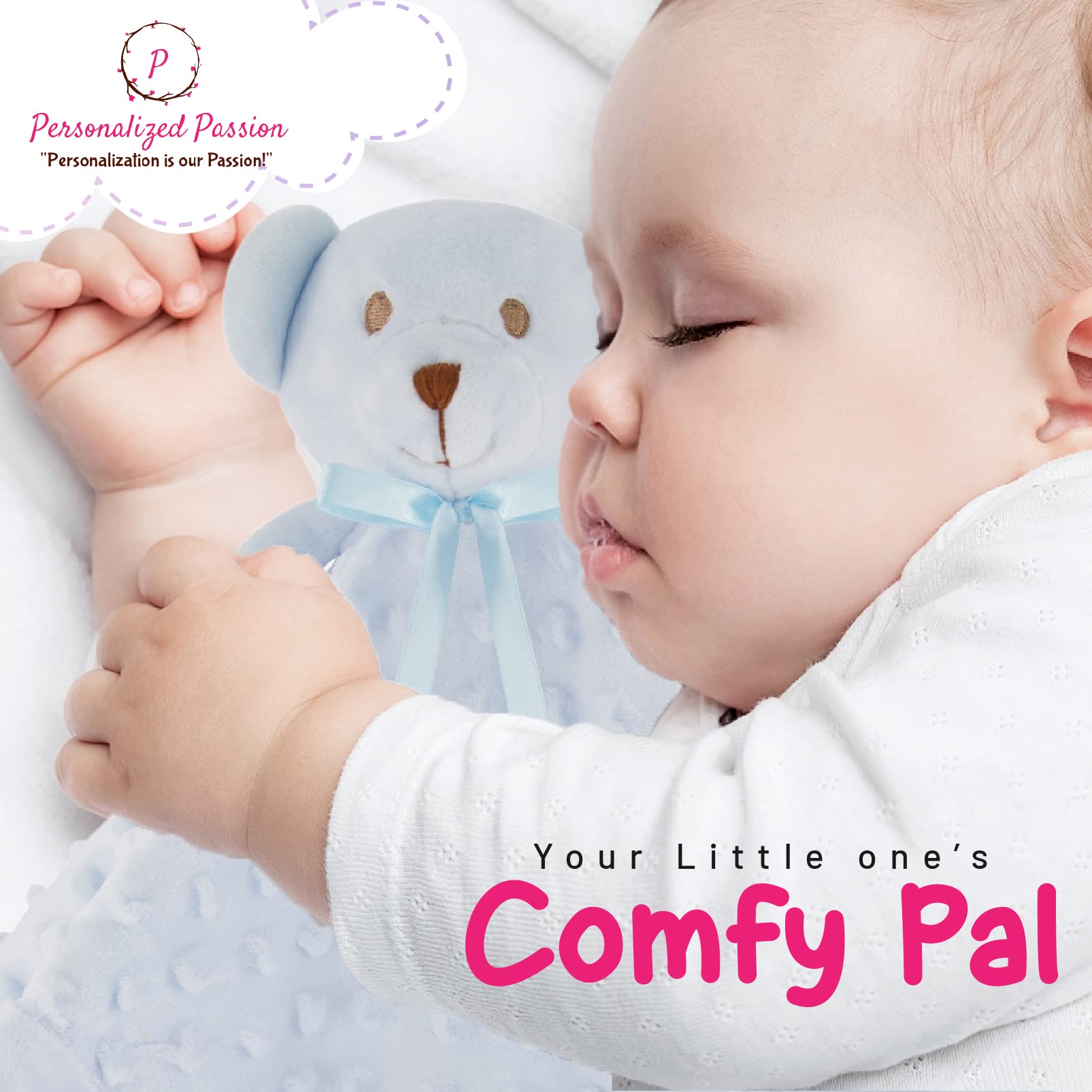 Personalized Baby Blanket with Custom Name Embroidery - Ultra Soft Security Blanket for Infants & Toddlers - Plush Teddy Bear Lovey Toy - Perfect for Nursery, Stroller & Travel Comfort - Baby Shower Gift for Boys & Girls