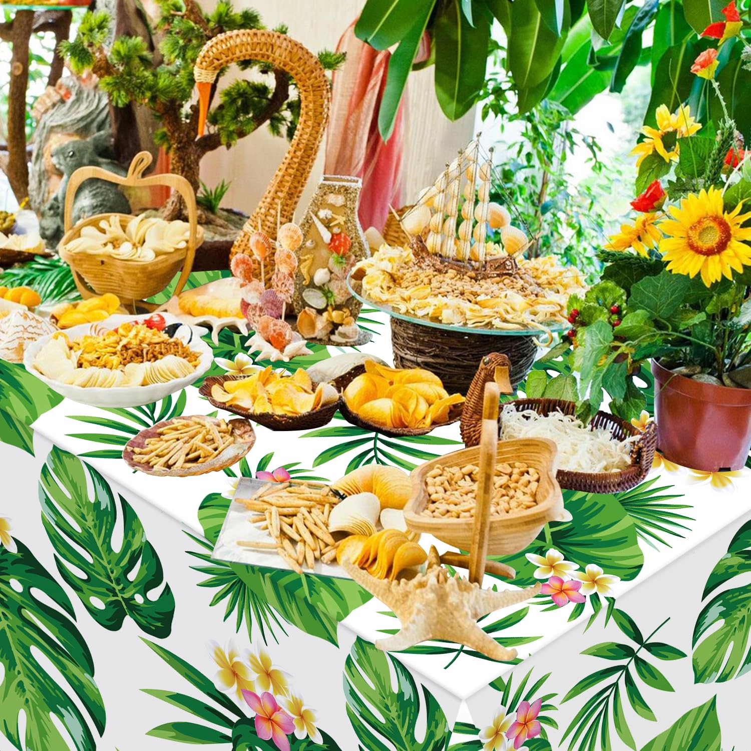 4 Pack Tropical Palm Leaf Tablecloths - 86 x 51 Inch Hawaiian Luau Party Decor, Waterproof Table Cover for Summer Pool Parties, Baby Birthday Celebrations & Tropical Themed Events