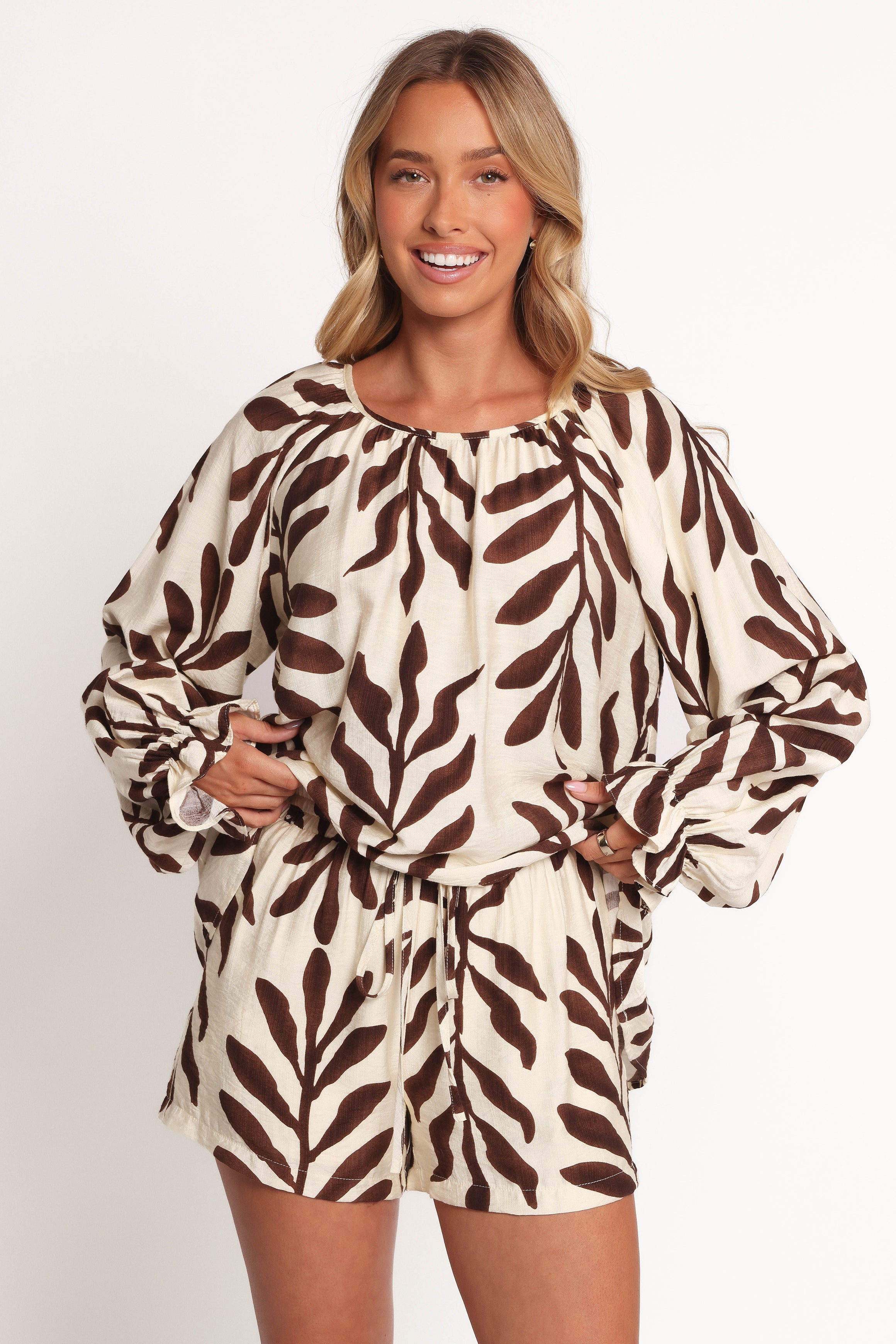 July Women's Long Sleeve Smock Top - Brown Palm Print Boho Blouse for Casual Wear, Work & Fall Outfits