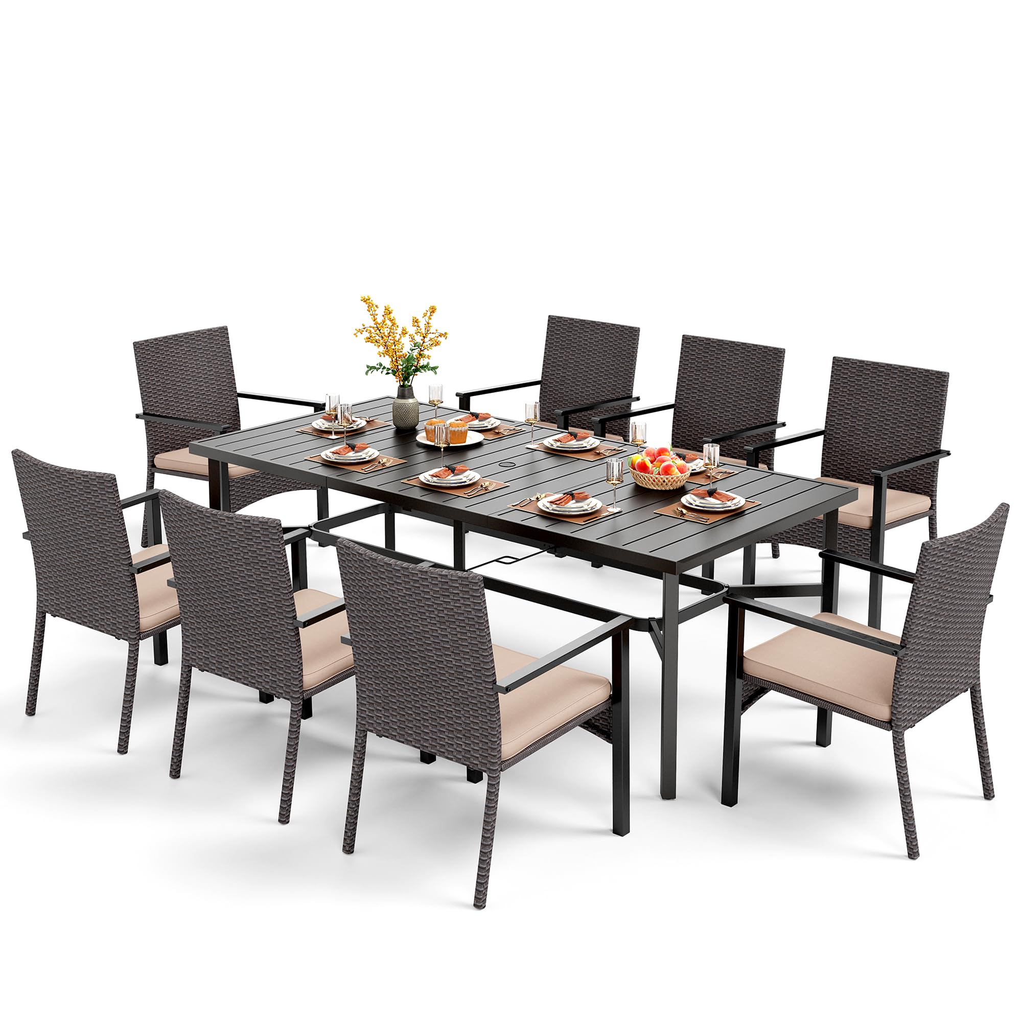 PHI VILLA 9-Piece Outdoor Dining Set for 8 with Wrought Iron Table & Cushioned Wicker Chairs - Rectangle Patio Furniture with Umbrella Hole for Backyard, Deck, Garden, Porch - Perfect for Outdoor Entertaining and Family Gatherings