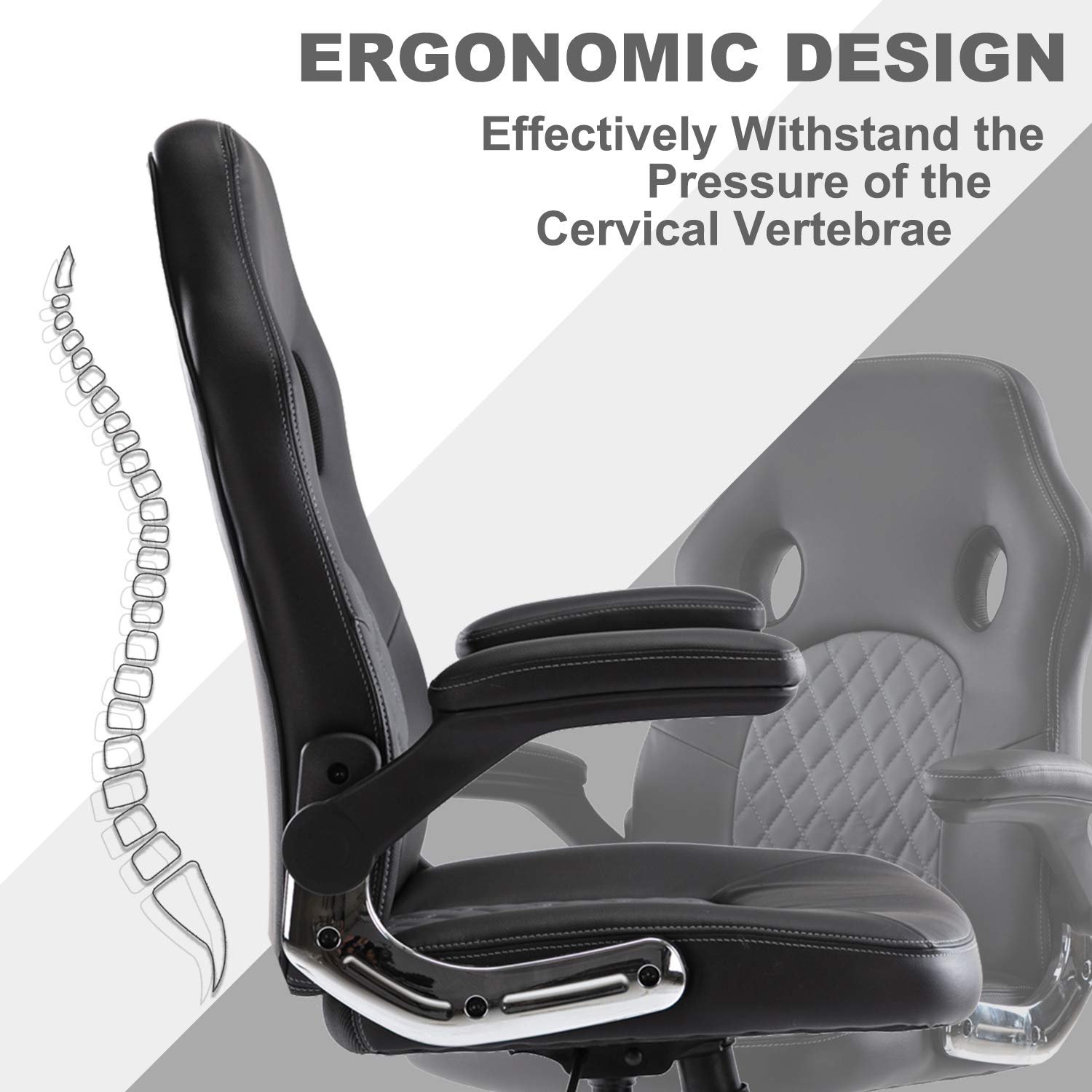 Ergonomic Office Gaming Chair - High Back PU Leather Swivel Computer Chair with Flip-Up Armrests for Home & Office Use - Comfortable Desk Chair for Work, Gaming & Long Hours (Grey)