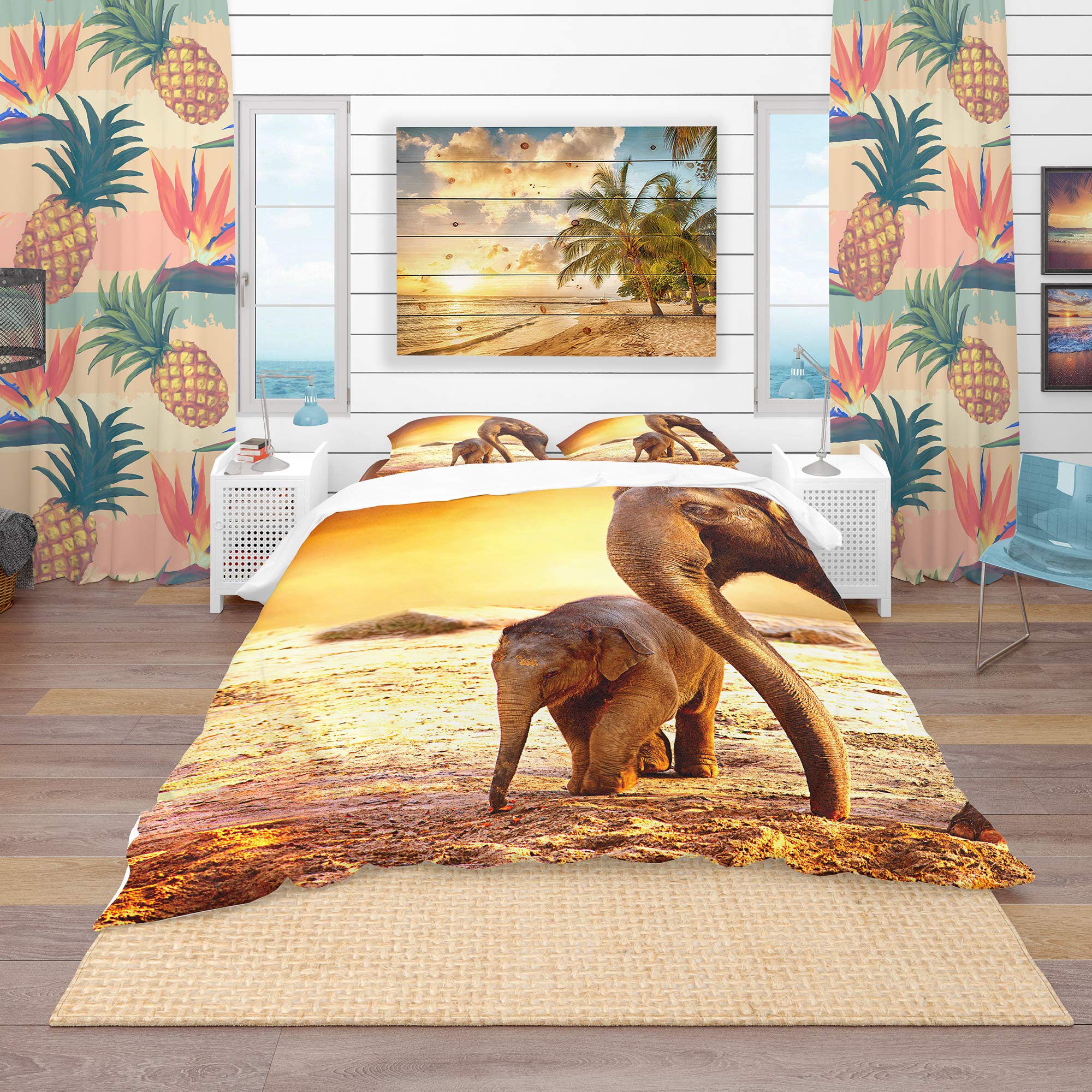 DesignQ Elephant Mother and Baby Traditional Duvet Cover Set - Queen Size Yellow Animal Print Bedding (3-Piece) for All Seasons | Perfect for Nursery, Guest Room & Bohemian Bedroom Decor