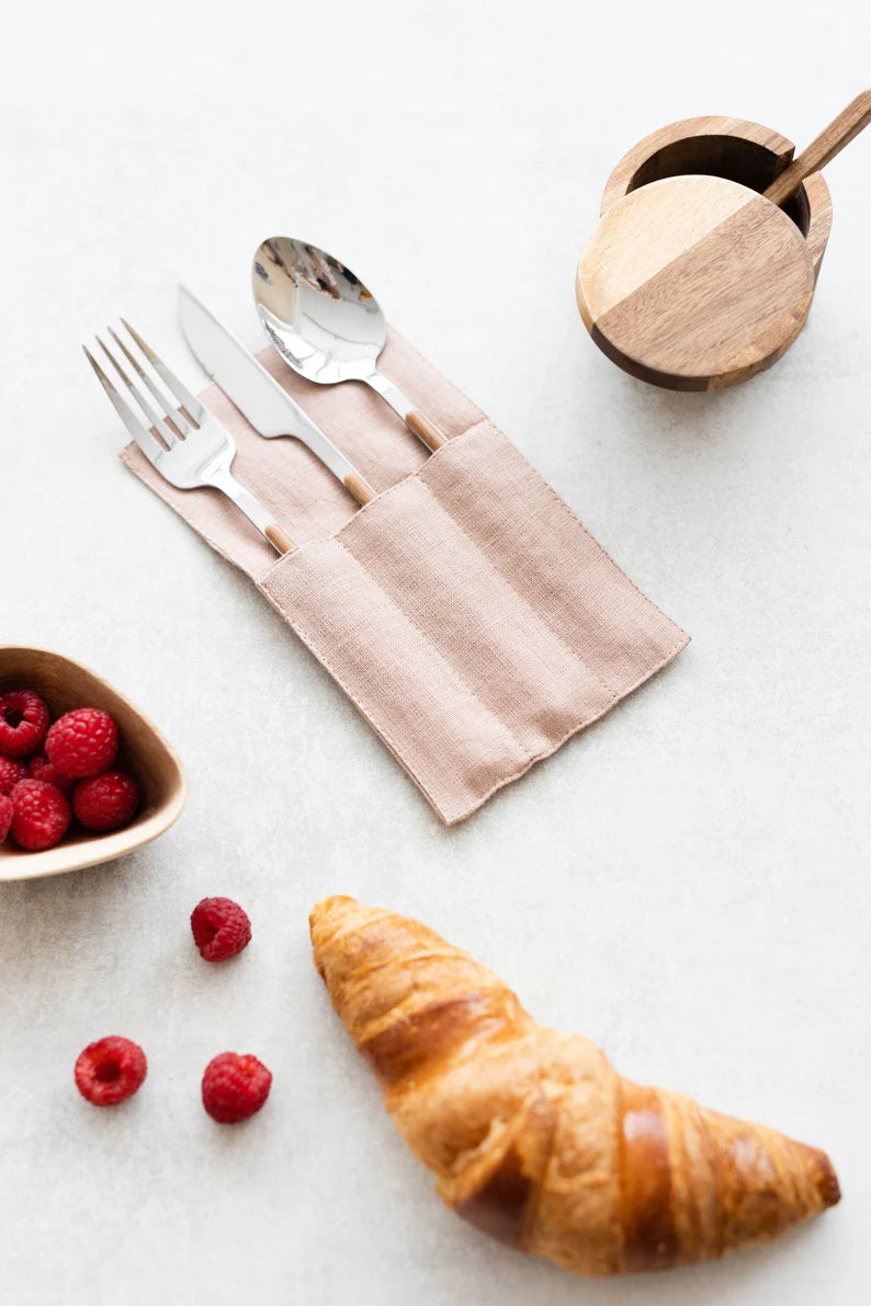 Premium Linen Cutlery Holders Set of 2 - Elegant Powder Blue Utensil Organizer for Dining Table | Perfect for Restaurants, Weddings & Home Kitchen Decor