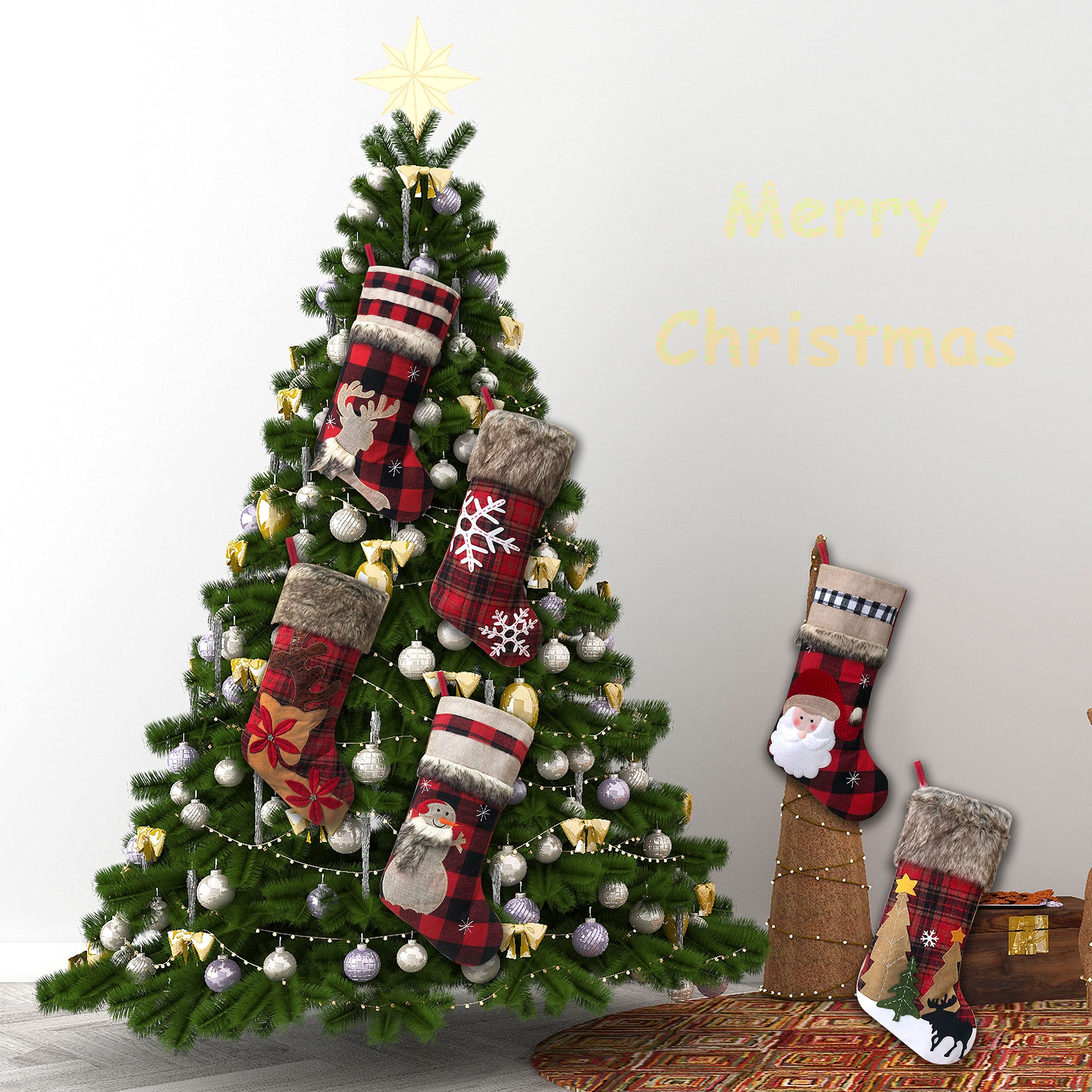 BRvieluck Christmas Stockings Set of 5 - Buffalo Red Plaid with Soft Faux Fur Trim, Large 20 Inch Holiday Stockings for Fireplace Decor, Family Gift Exchange, Xmas Party & Festive Home Decoration (5 Pack) - Perfect for Christmas Morning, Santa Gifts, and Cozy Winter Celebrations