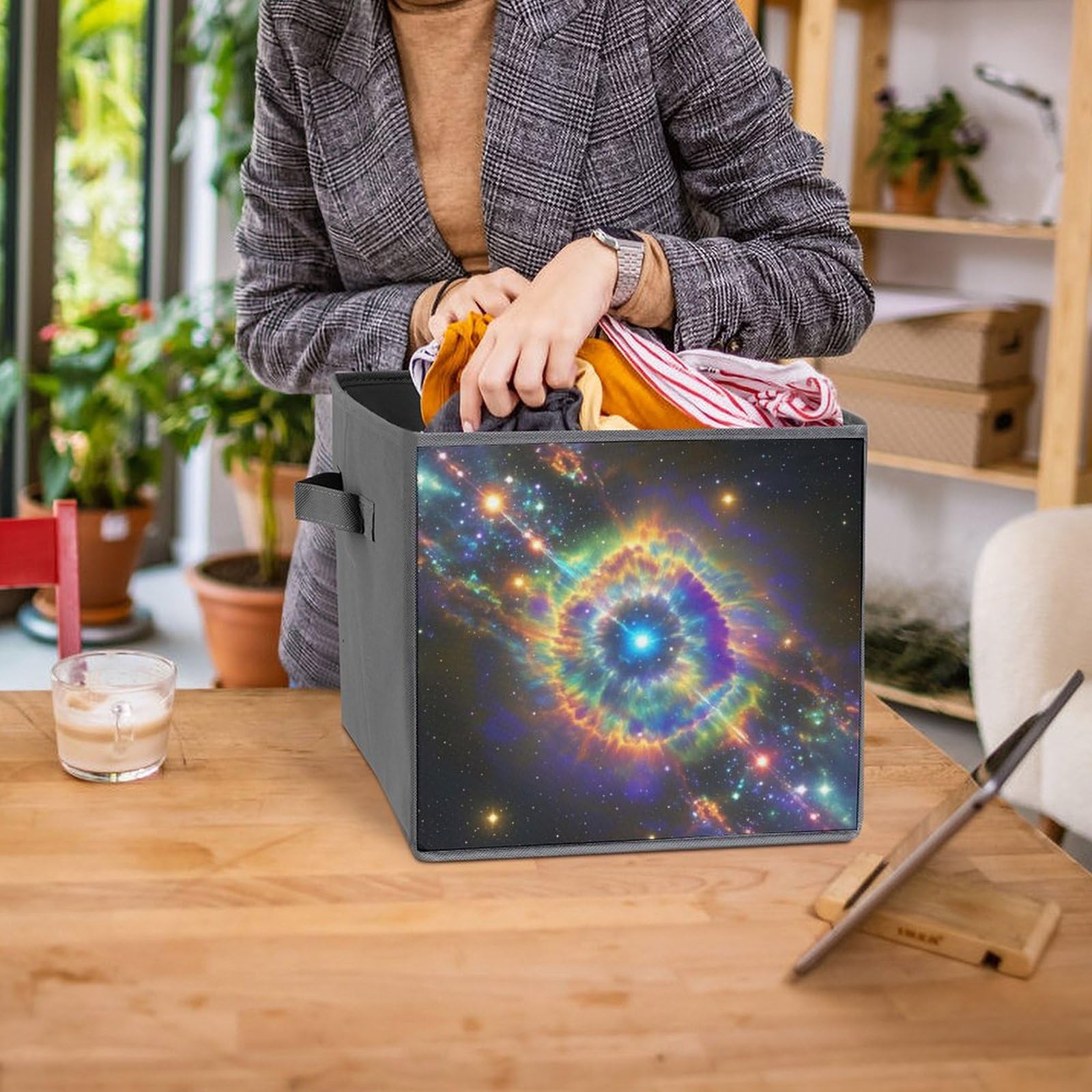 Foldable Storage Bins with Handles - Large Capacity Galaxy Printed Organizer for Home Office Playroom