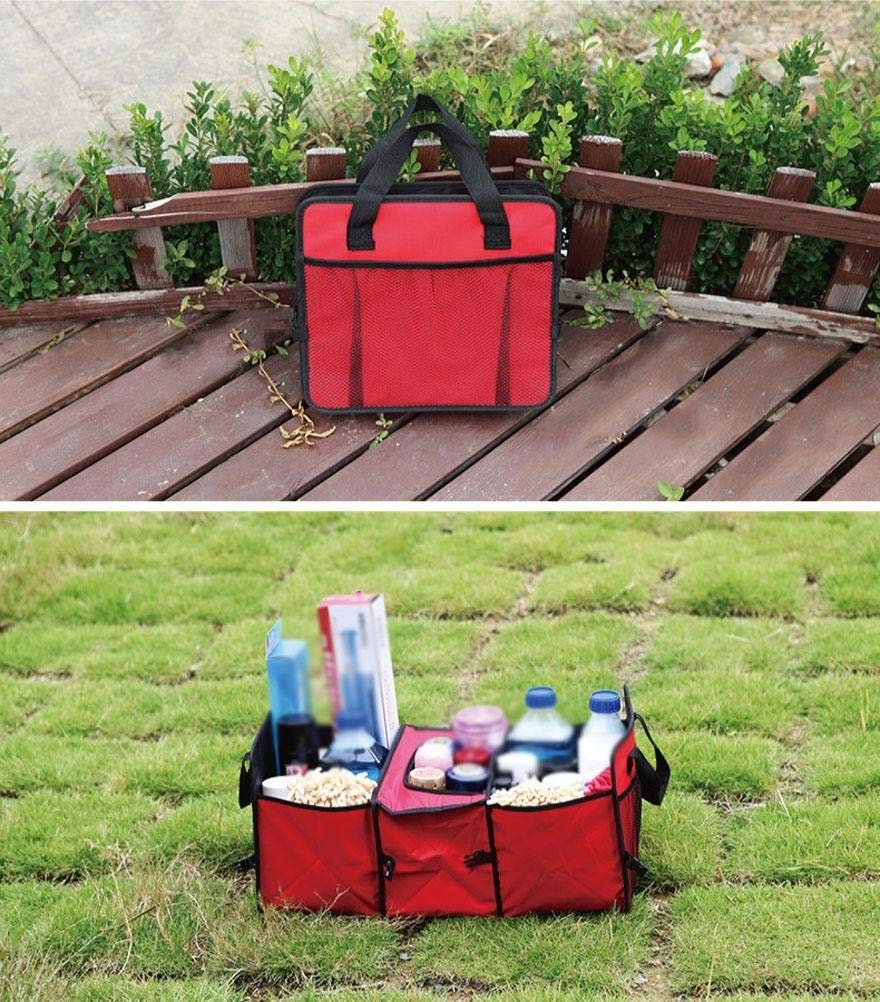 Collapsible Car Trunk Organizer with 3 Large Compartments & Upgraded Handle - Portable SUV Truck Cargo Storage with Non-Slip Grips (Blue) | Perfect for Road Trips, Grocery Shopping & Sports Equipment Organization