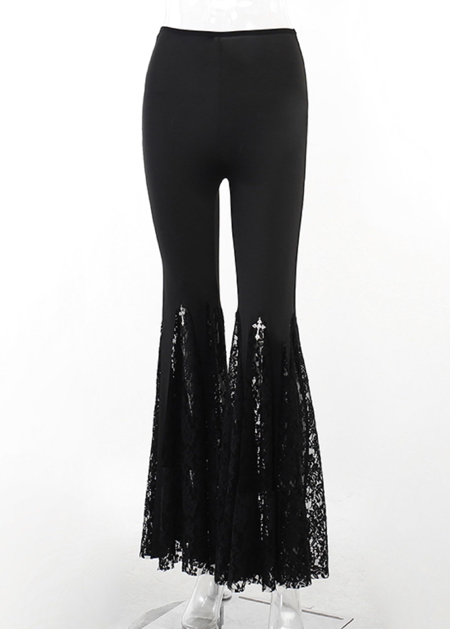 Gothic Punk Flare Pants for Women - Y2K Grunge Trousers with Lace Patchwork & Chain Details | Emo Fashion, Streetwear, Alternative Clothing for Concerts & Night Out