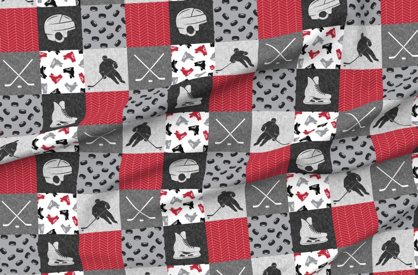 Ice Hockey Themed Printed Minky Fabric by The Yard - Red & Black Cheater Quilt Top for Baby Blankets, Nursery Decor & Plush Quilt Backing - Perfect for Sewing Projects, DIY Patchwork & Soft Nursery Bedding