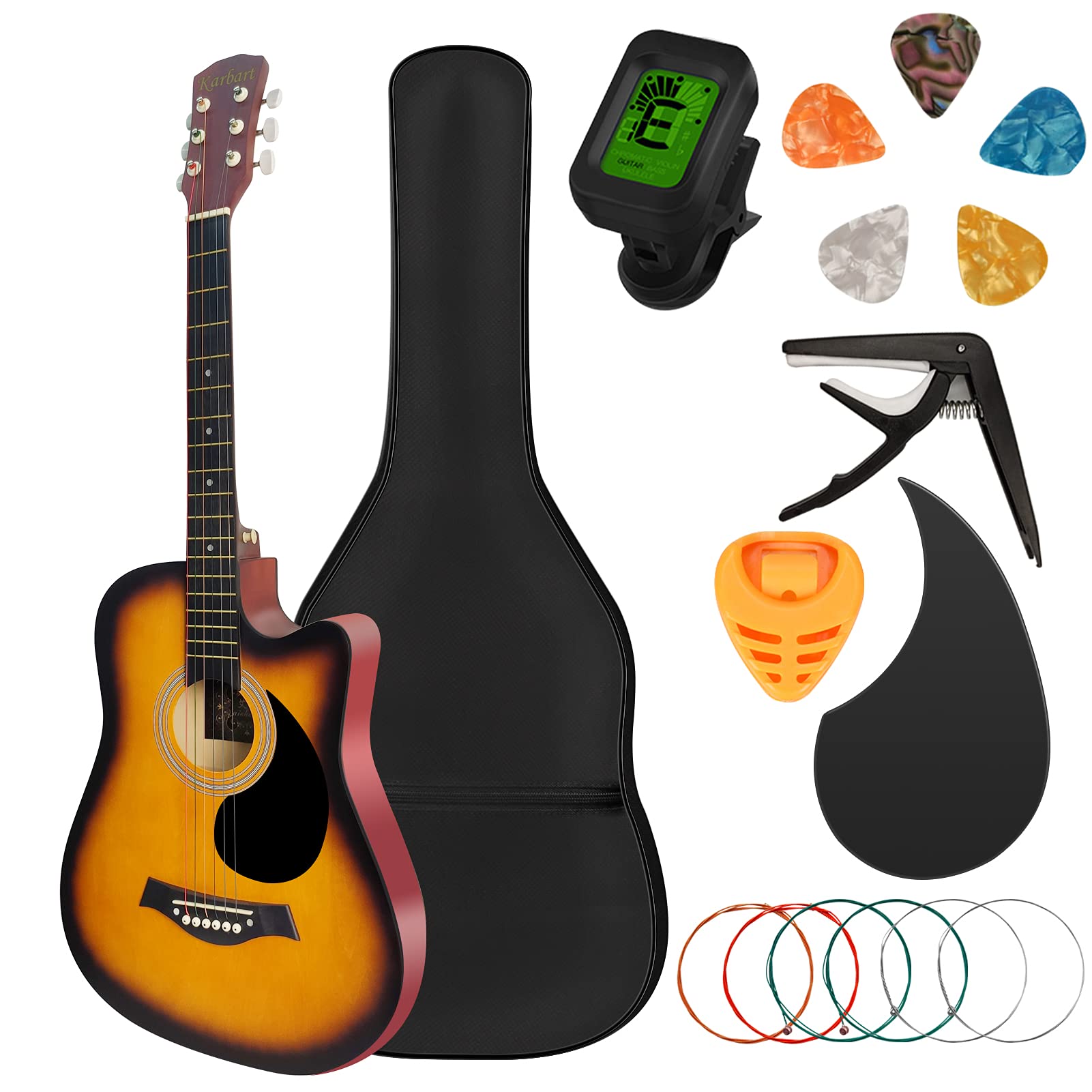 Karbart 38-Inch Wooden Acoustic Guitar Starter Kit for Beginners - Includes 5 Guitar Picks, Tuner, Strings, Gig Bag & Strap - Perfect for Students & Adults Learning to Play at Home, School or Camp