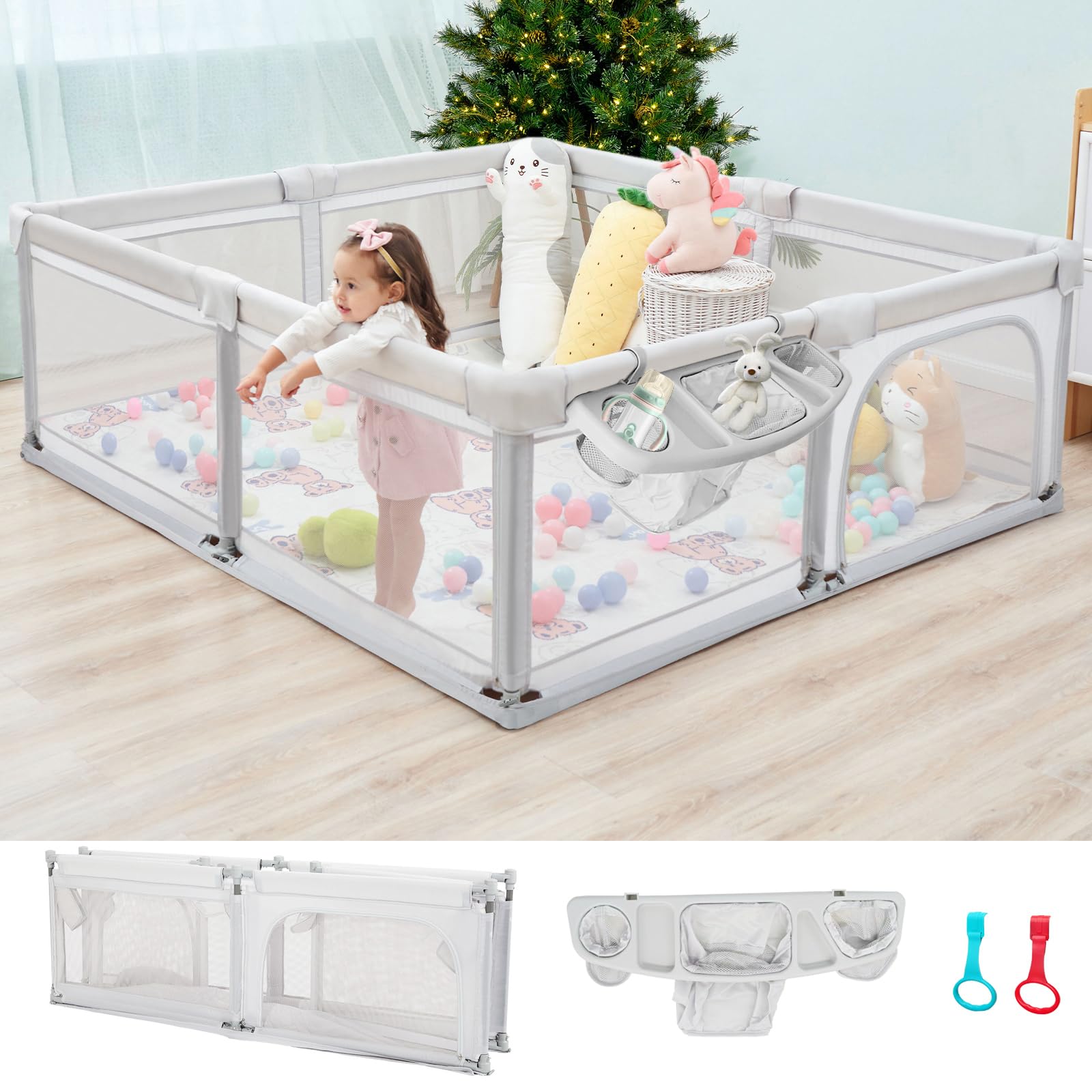 Foldable Baby Playpen 79x59 Inches - Adjustable Play Yard for Toddlers 1-3 Years, Indoor & Outdoor Safety Gate with Carry Bag - Light Grey | Perfect for Home, Nursery, Park & Travel Use