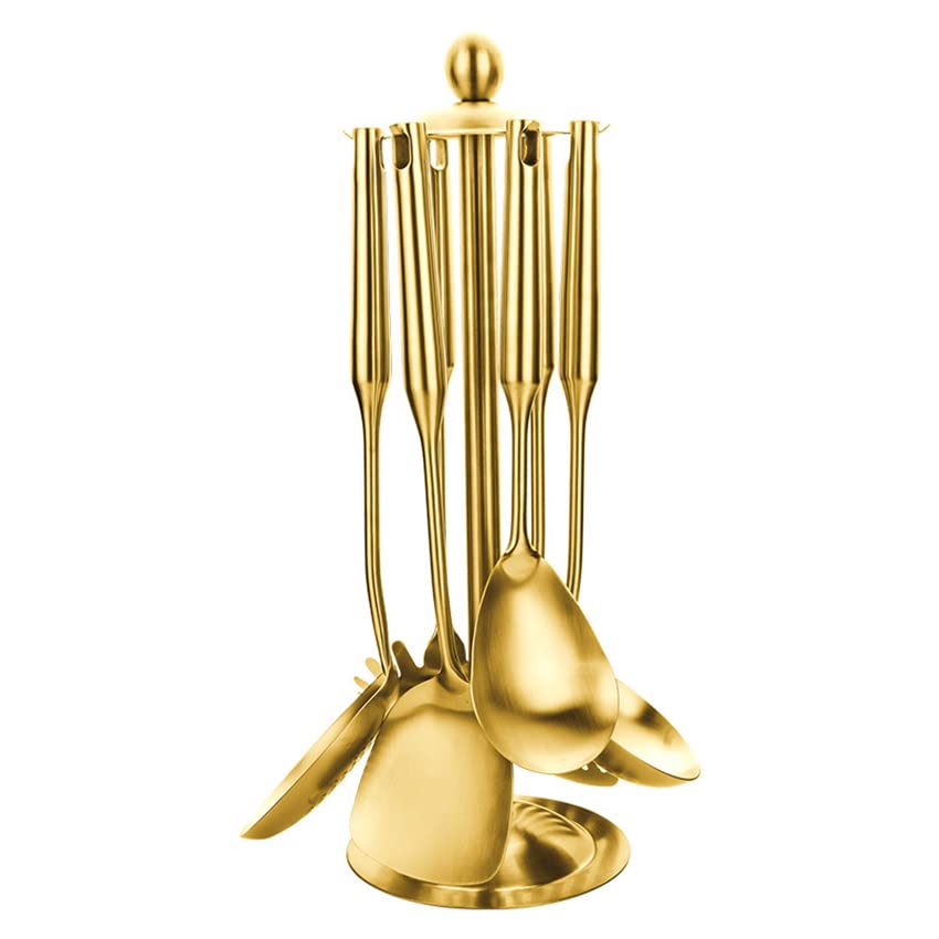 Premium 7-Piece Stainless Steel Kitchen Utensil Set - Gold Spatula, Turner & Cookware Tools with Swivel Organizer - Perfect for Cooking, Baking & Gift Giving