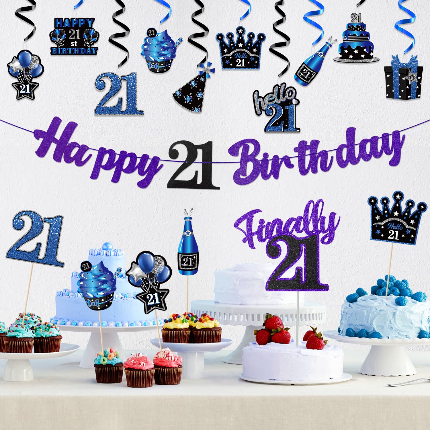 WATINC 42pcs Blue Purple Birthday Party Decorations Kit - Glitter Hanging Garland, Swirls Sign & Cake Topper for 21st Birthday Celebrations | Perfect for Home Decor, Table Centerpieces & Milestone Parties