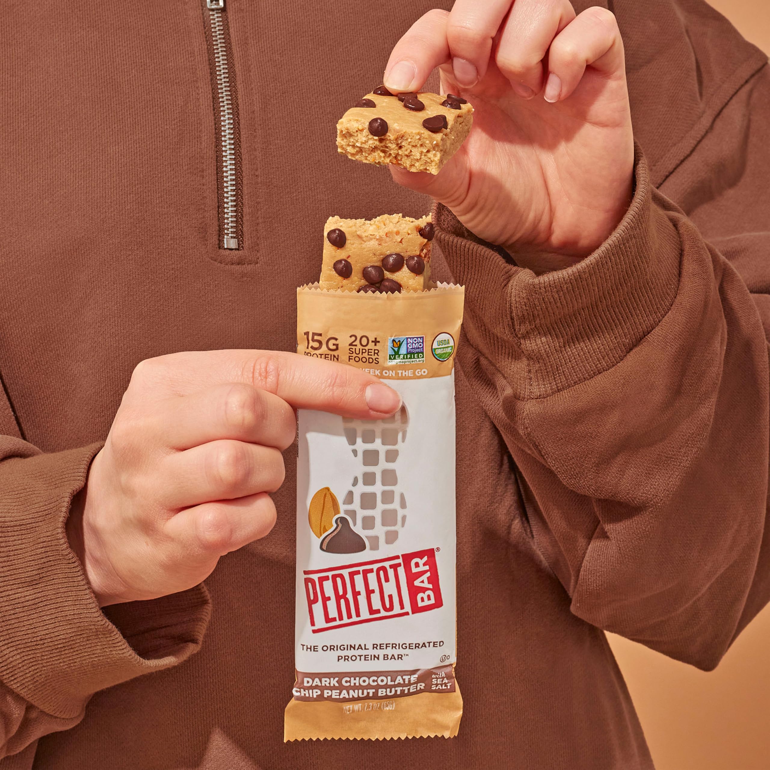 Perfect Bar Dark Chocolate Chip Peanut Butter Protein Bar - High Protein, Organic, Gluten Free, Soy Free, Non GMO, No Sugar Alcohols, 2.3oz (10 Count) - Healthy Snack for Workouts, Hiking & On-the-Go Nutrition