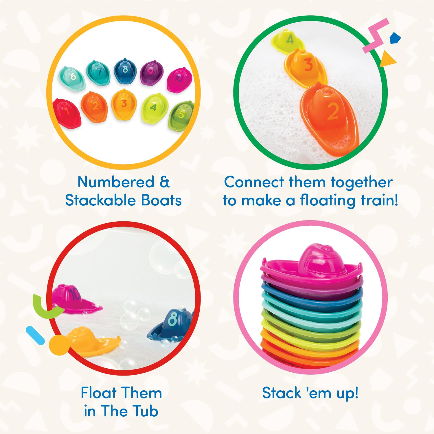 Battat 10-Piece Stackable Bath Boats Set - Numbered Floating Toy Boats for Bathtime, Pool & Beach - Educational Bath Toys for Babies 6+ Months - Perfect for Sensory Play & Early Learning