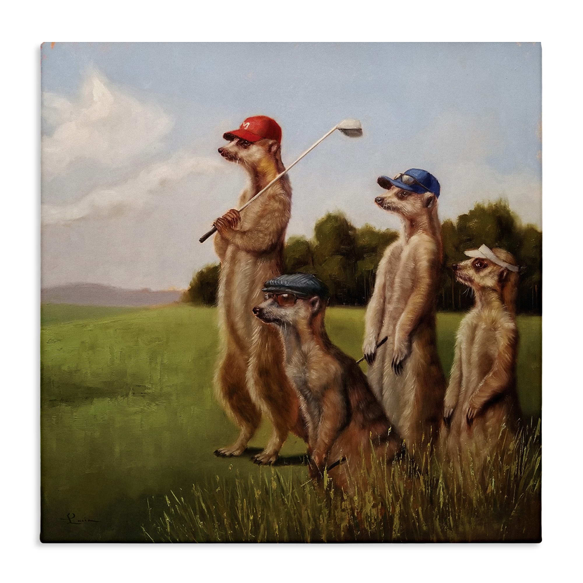 Stupell Industries Meerkats Playing Golf in Hats and Sunglasses - Modern Canvas Wall Art Painting, 24x24 Inches, Multicolor - Perfect for Living Room, Bedroom, or Office Decor