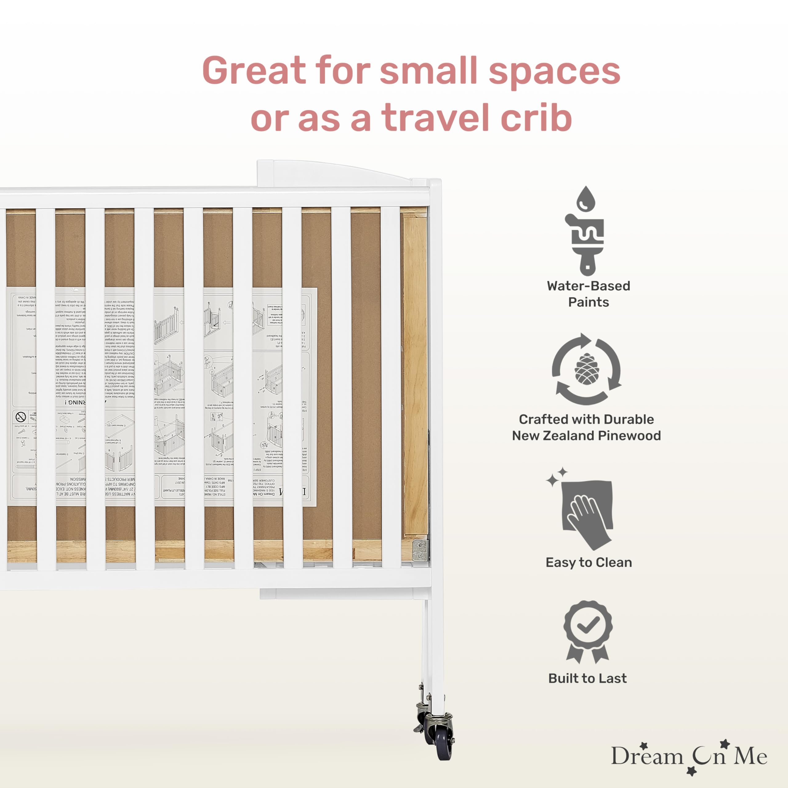 Dream On Me White Folding Full Size Crib with Adjustable Mattress Height & Heavy Duty Locking Wheels - Portable, Space-Saving Nursery Solution for Home & Travel
