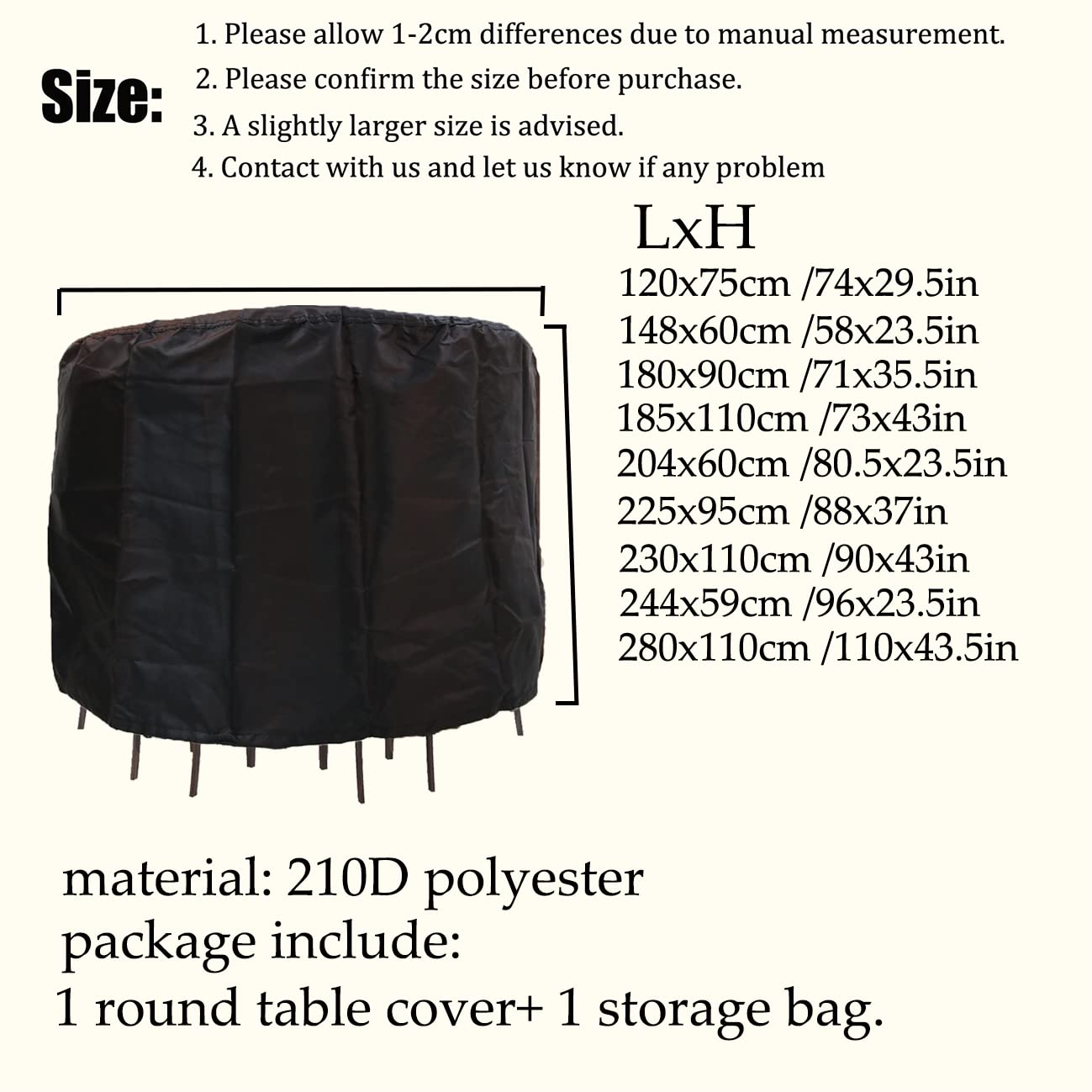 J&C 110x43in Waterproof 420D Round Patio Table Cover - Durable UV-Resistant Outdoor Furniture Protection for Dining Sets, Picnics, and Backyard Gatherings