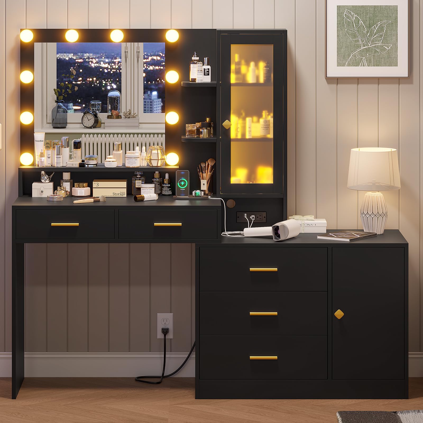 Black Makeup Vanity Desk with LED Lights & Mirror - Dressing Table with Drawers, Shelves & Charging Station - Perfect for Bedroom, Beauty Salon & Home Decor