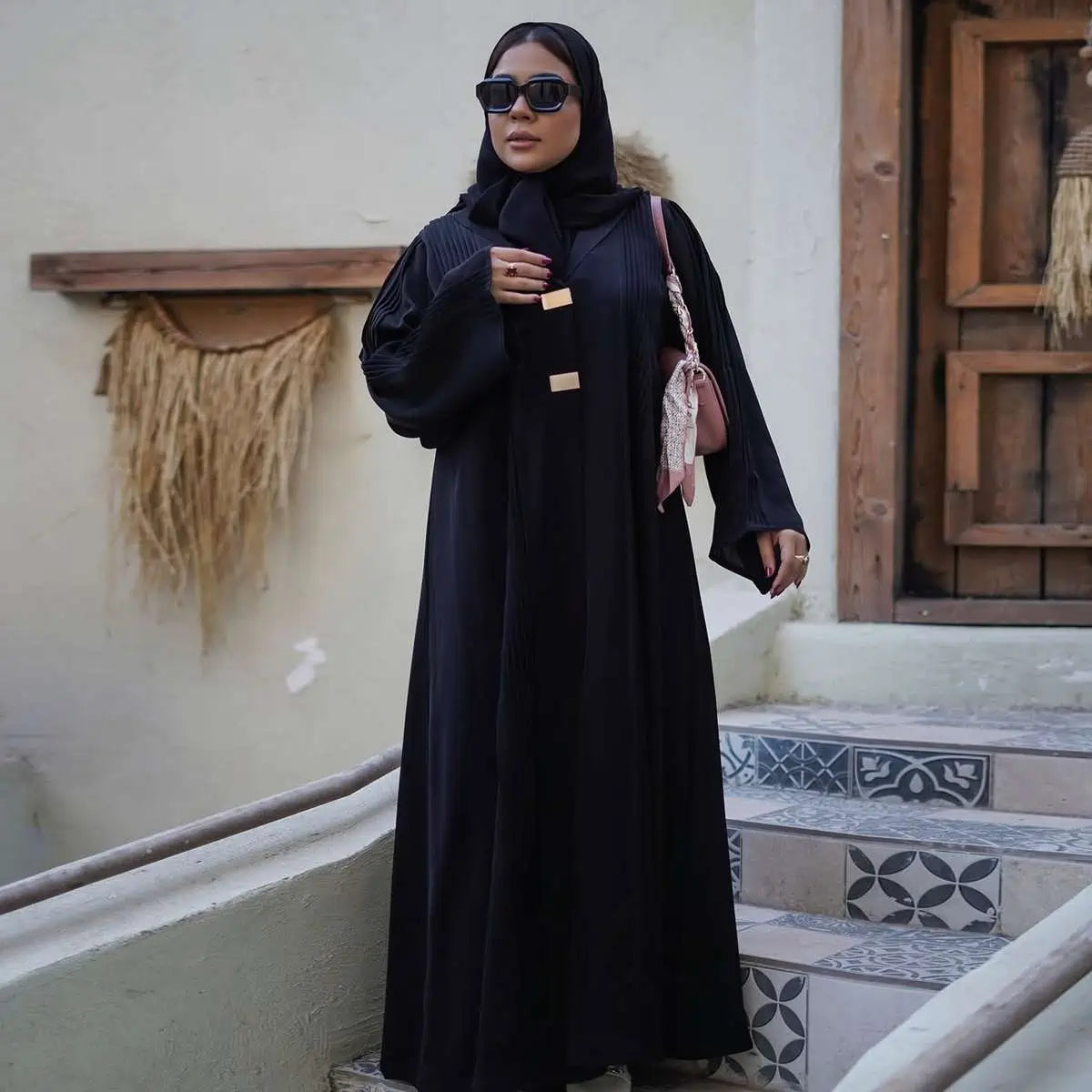 Elegant Pleated Arab Dubai Open Abaya Dress #25189 - Modest Muslim Fashion for Women, Perfect for Prayer, Weddings & Special Occasions