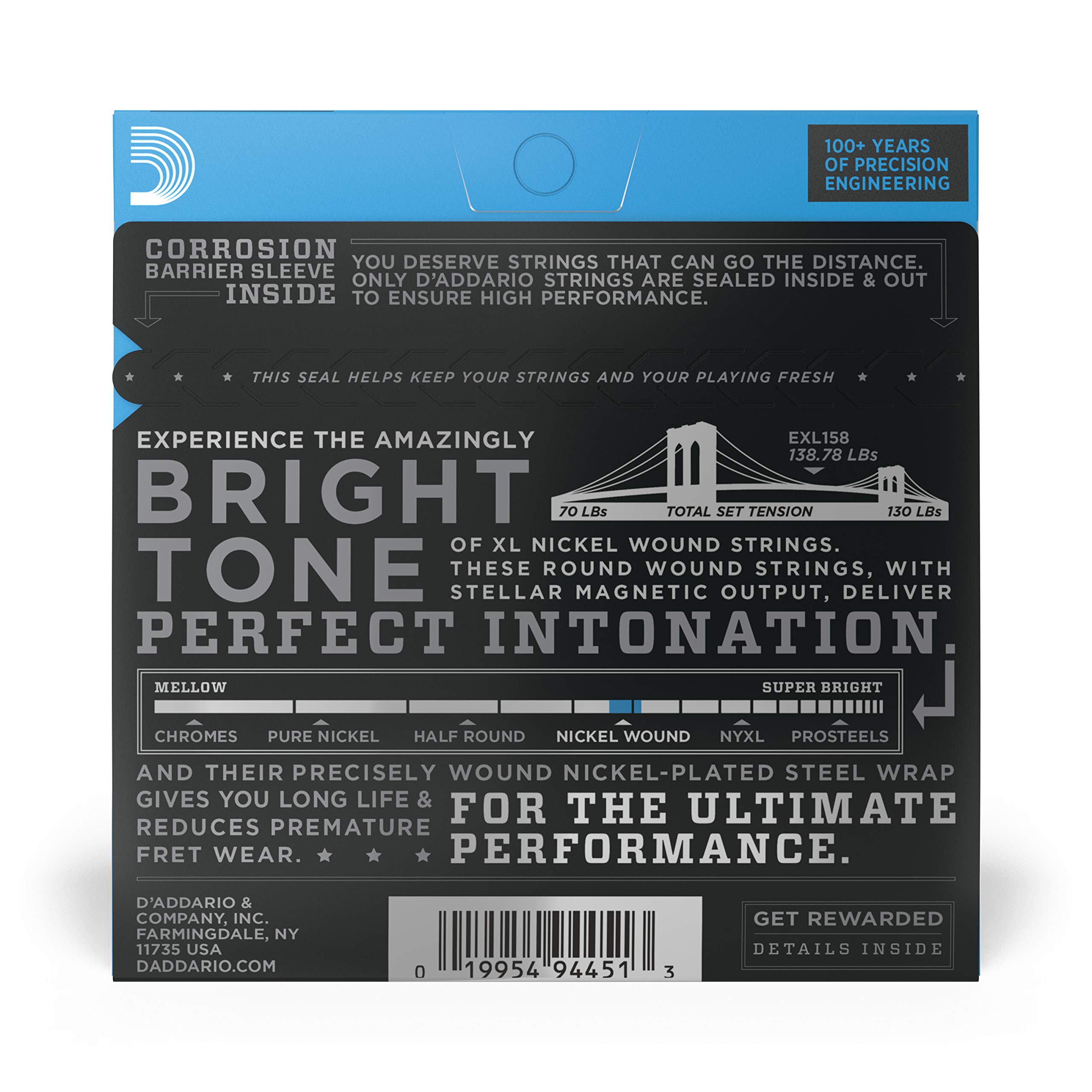 D'Addario EXL158 XL Nickel Electric Guitar Strings - 13-62 Light Baritone for 6 String Guitars - Perfect Intonation, Consistent Feel & Long-Lasting Durability - Ideal for Rock, Blues & Studio Recording